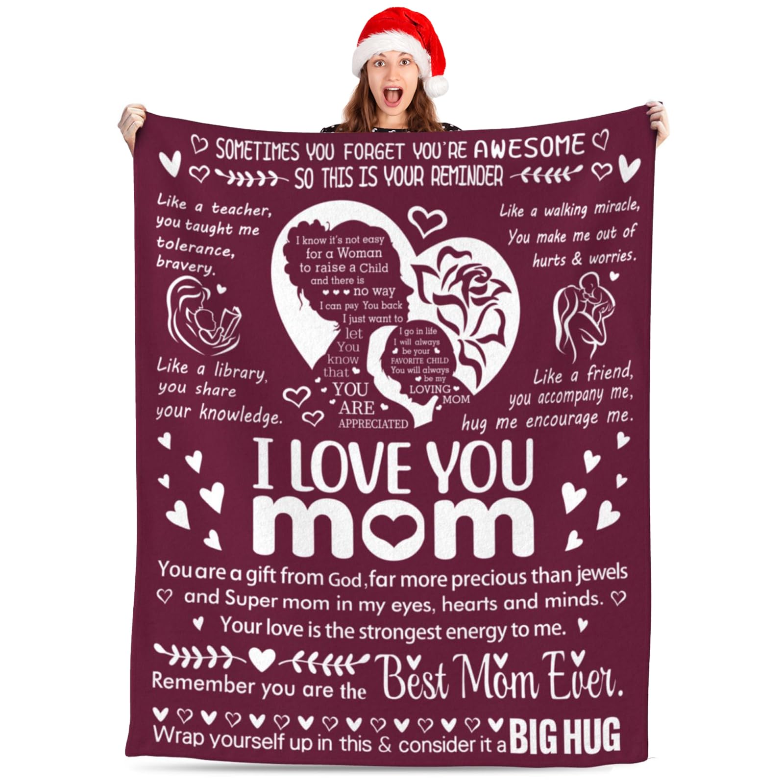 Leevcok I Love You Mom Blanket for Mom, Valentines Gifts for Mom from Daughter Son, Birthday Gifts for Women Who Has Everything, Blanket Gift for Her, I Love You Mom Throw Blanket 60"×50"