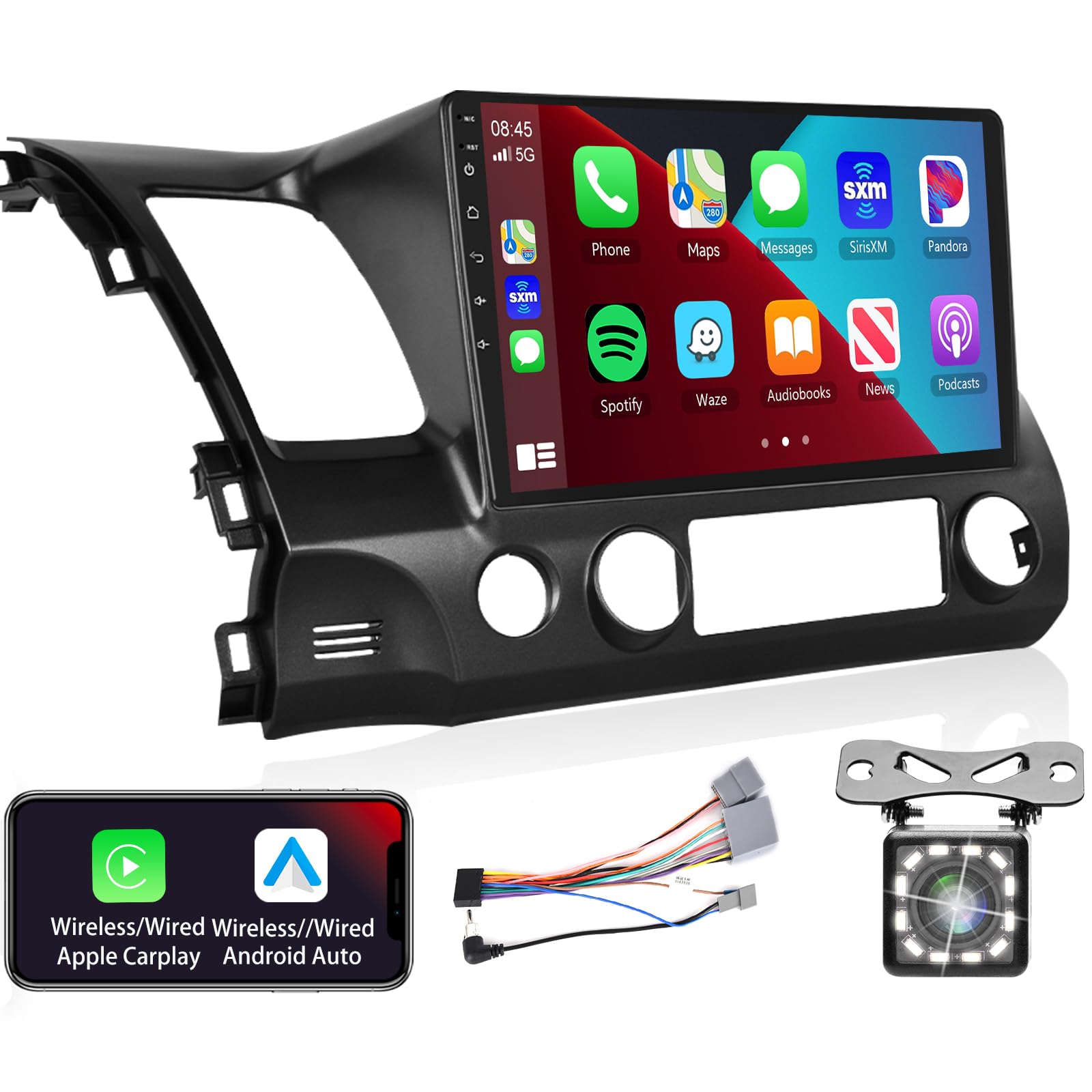 Podofo Radio for Honda Civic 2006 2007 2008 2009 2010 2011 Car Stereo with Wireless CarPlay Android Auto,10.1 Inch 1080P Touch Screen【Built-in DSP EQ GPS Chip】 Bluetooth RDS FM WiFi Camera 2G+32G