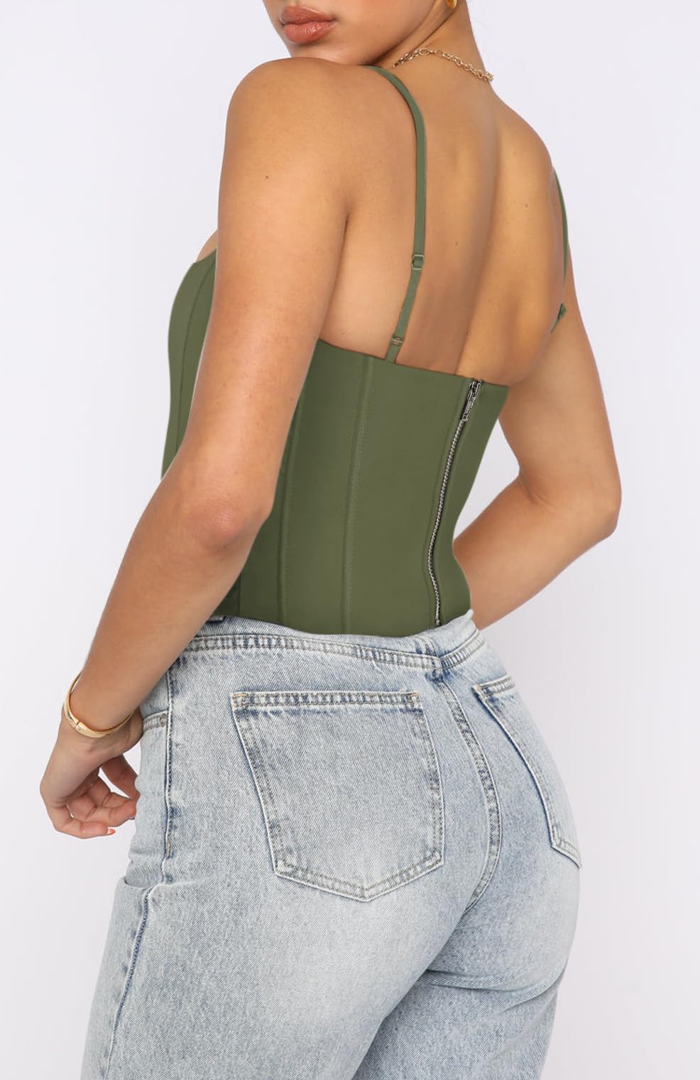 REORIA Women's Summer Fashion Sexy Square Neck Sleeveless Adjustable Spaghetti Strap Tendy Tank Crop Tops Going Out Bustier Corset Tops Dark Green Small