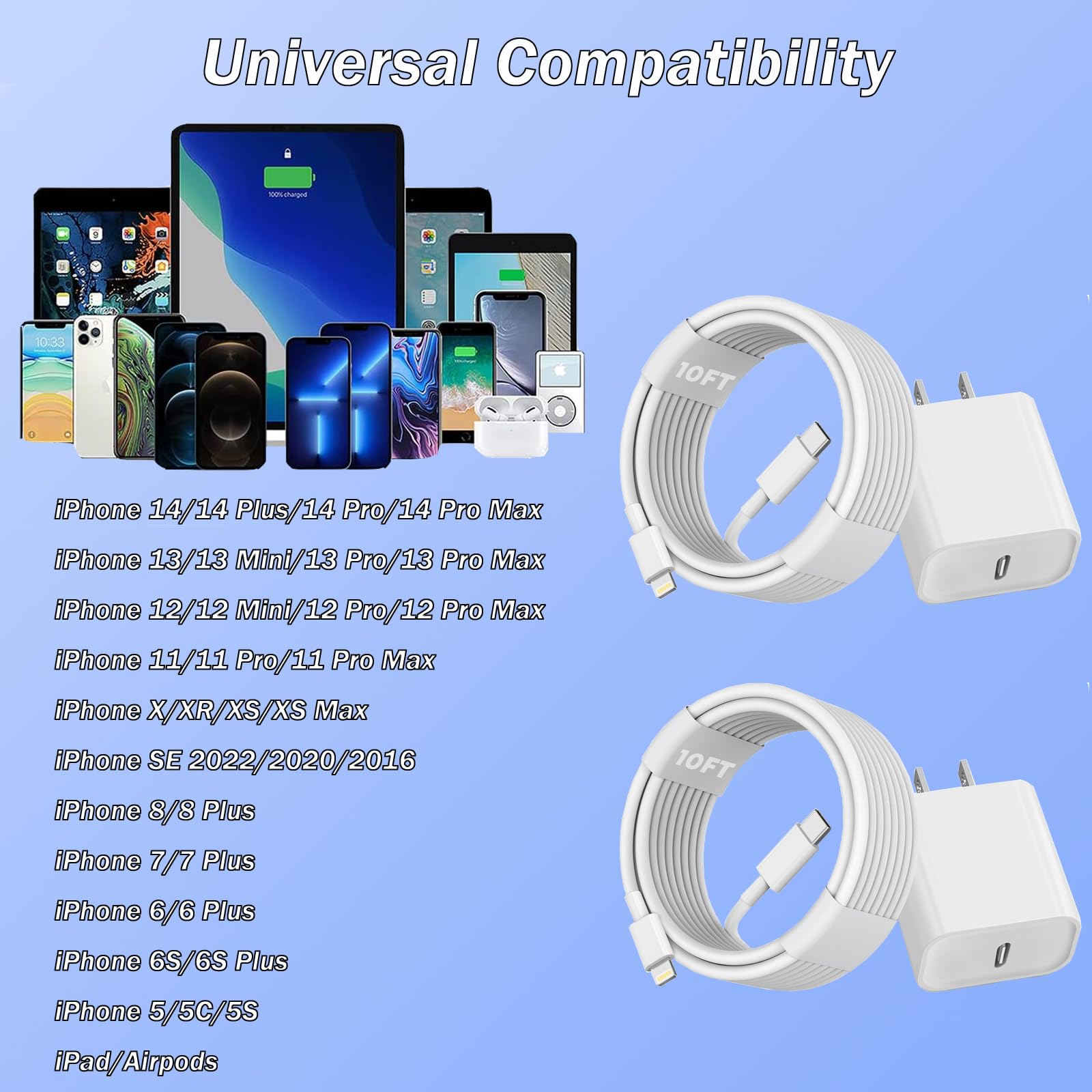 iPhone Fast Charger, [Apple MFi Certified] 2 Pack PD USB C Wall Charger Block Plug with 10FT Extra Long Type C to Lightning Fast Charging Data Sync Cable for iPhone 14 13 12 11 XR X 8 iPad and More