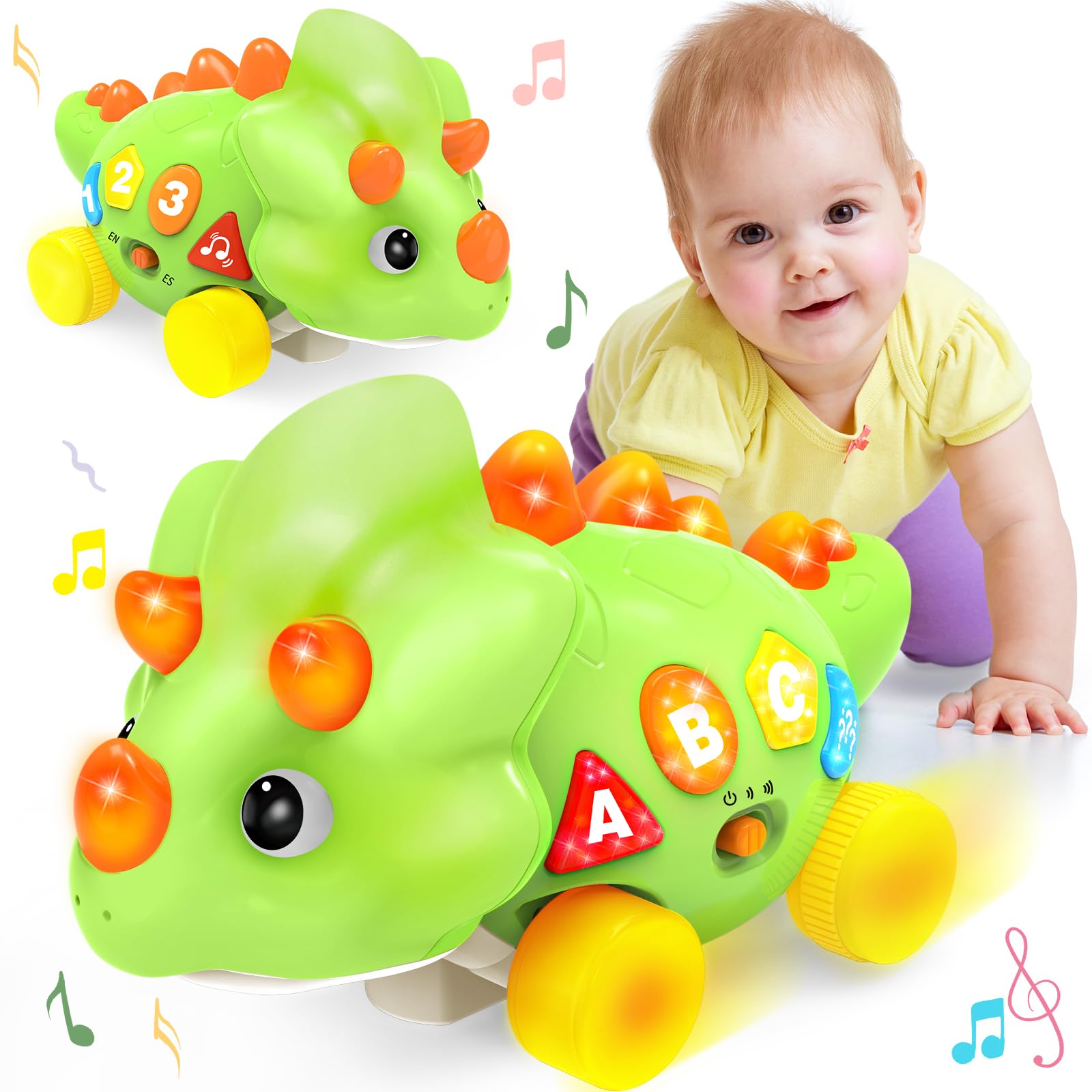 Musical Dinosaur Toys for 1 Year Old Baby - Tummy Time Light up Toys for Newborn Infant, Crawling Toys for 6-12-18 Months Kids, Early Learning Educational Toys and Gifts for 1-3 Year Old Toddlers