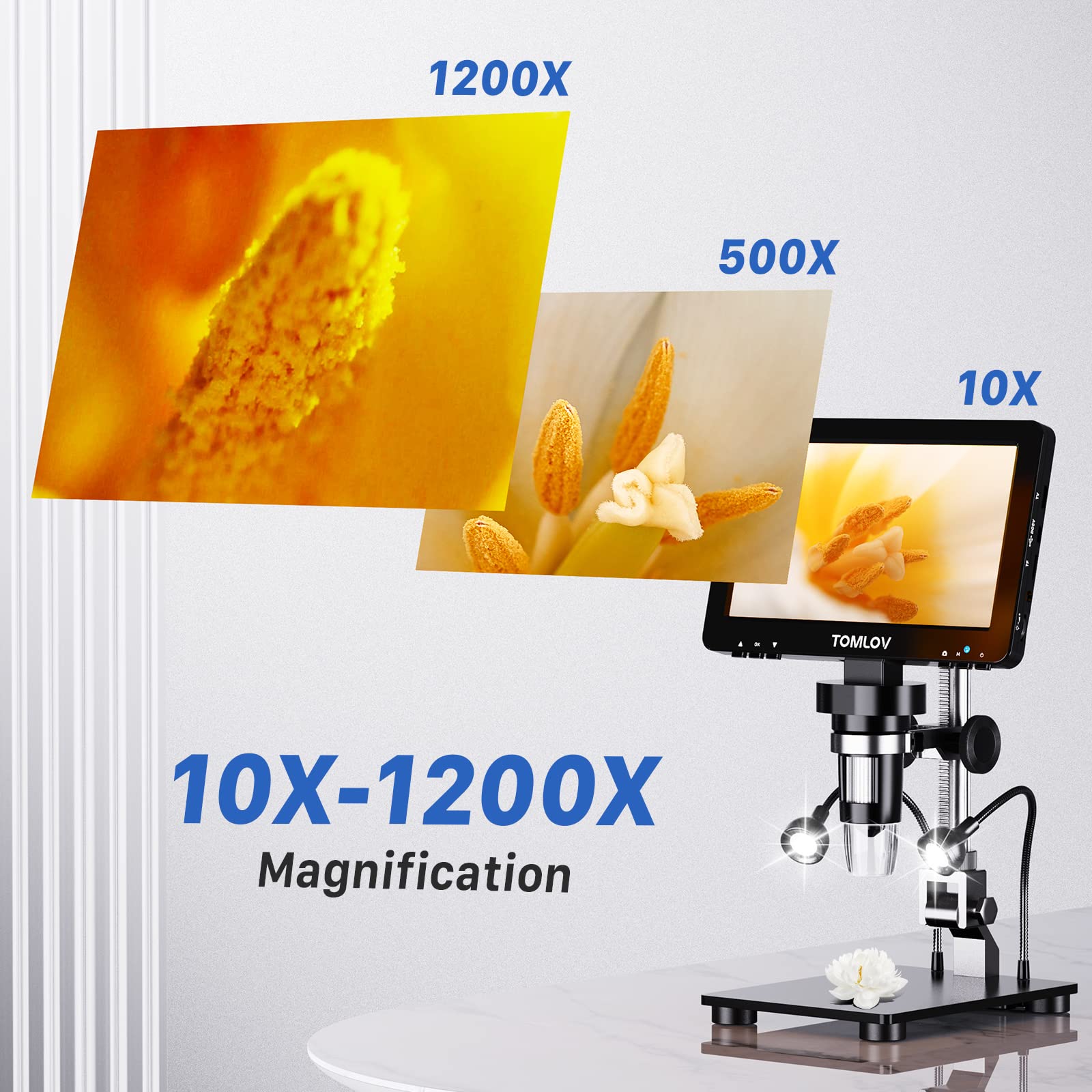 TOMLOV DM9 Pro 7" HDMI Digital Microscope 1200X with IPS Screen, 1080P 16MP Coin Microscope Magnifier for Entire Coin View, LCD Soldering Microscope for Adult, 10 LED Lights, PC/TV Compatible, 32GB