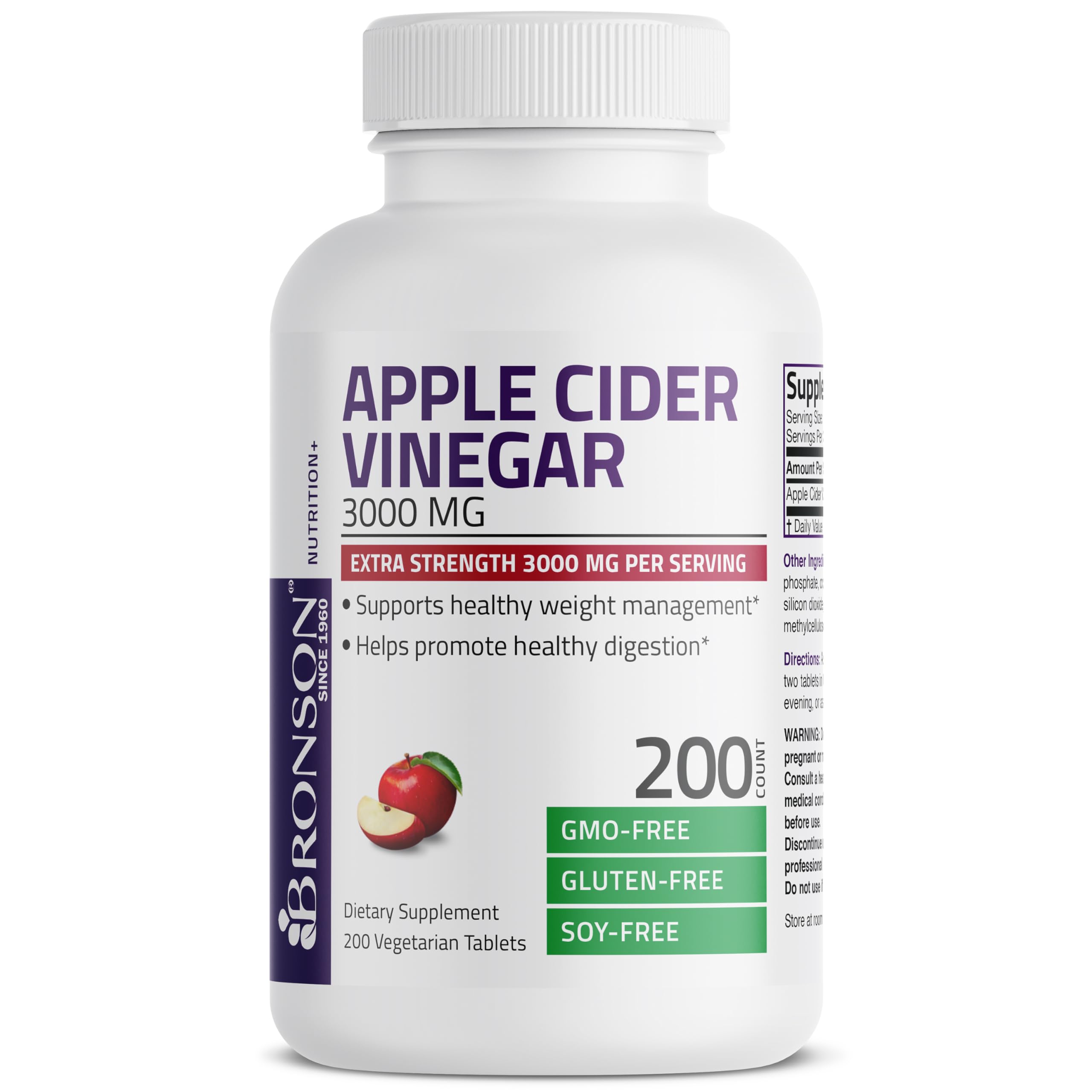 Bronson Apple Cider Vinegar 3000 MG per Serving Extra Strength - Non-GMO, 200 Vegetarian Tablets