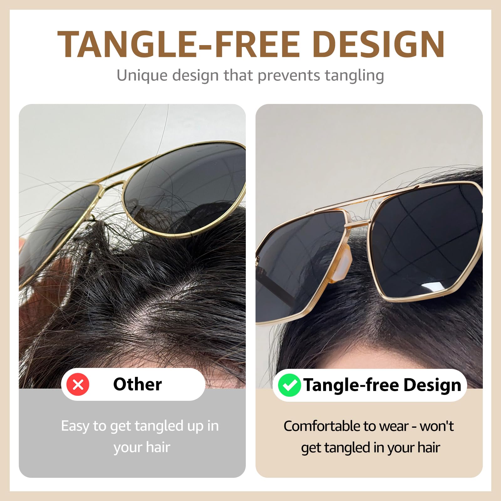 TJUTR Oversized Tangle‑Free Aviator Sunglasses for Women & Men, Polarized UV400 Shades, Square Metal Frame with Double‑Bridge