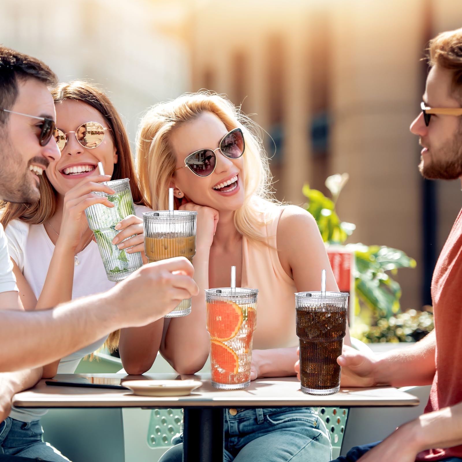 AUFXKOO 20oz Ribbed Glass Cups with Lids and Straws,2PCS Glass Tumbler with Straw and Lid,Drinking Glasses for Iced Coffee Cups,Juice,Smoothies