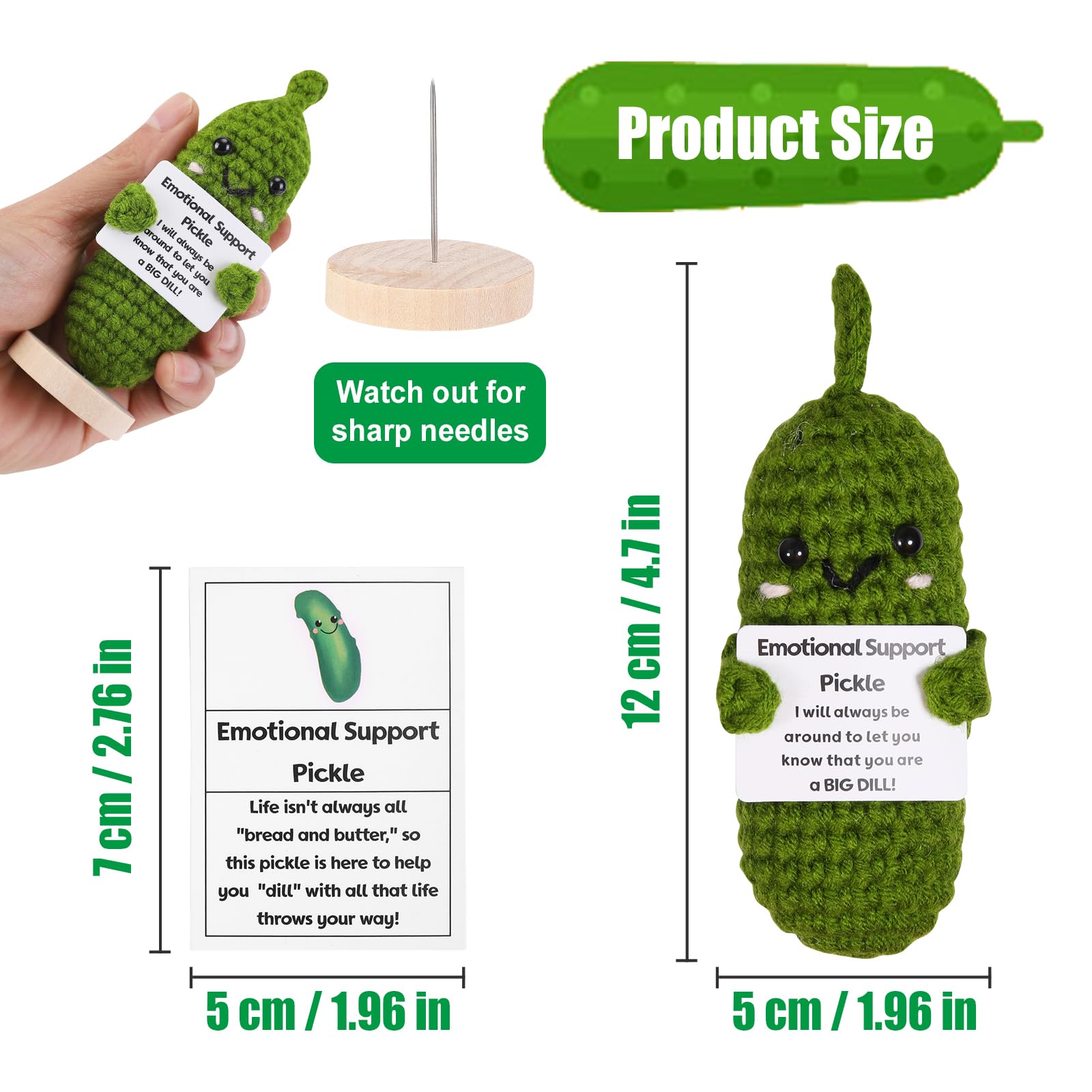 FauKait Handmade Emotional Support Pickle Gift, Cucumber Crochet Doll Inspirational with Wooden Base, Cute Knitted Cucumber Doll Funny Pickle Toy for Women, Boys,Girls Decoration