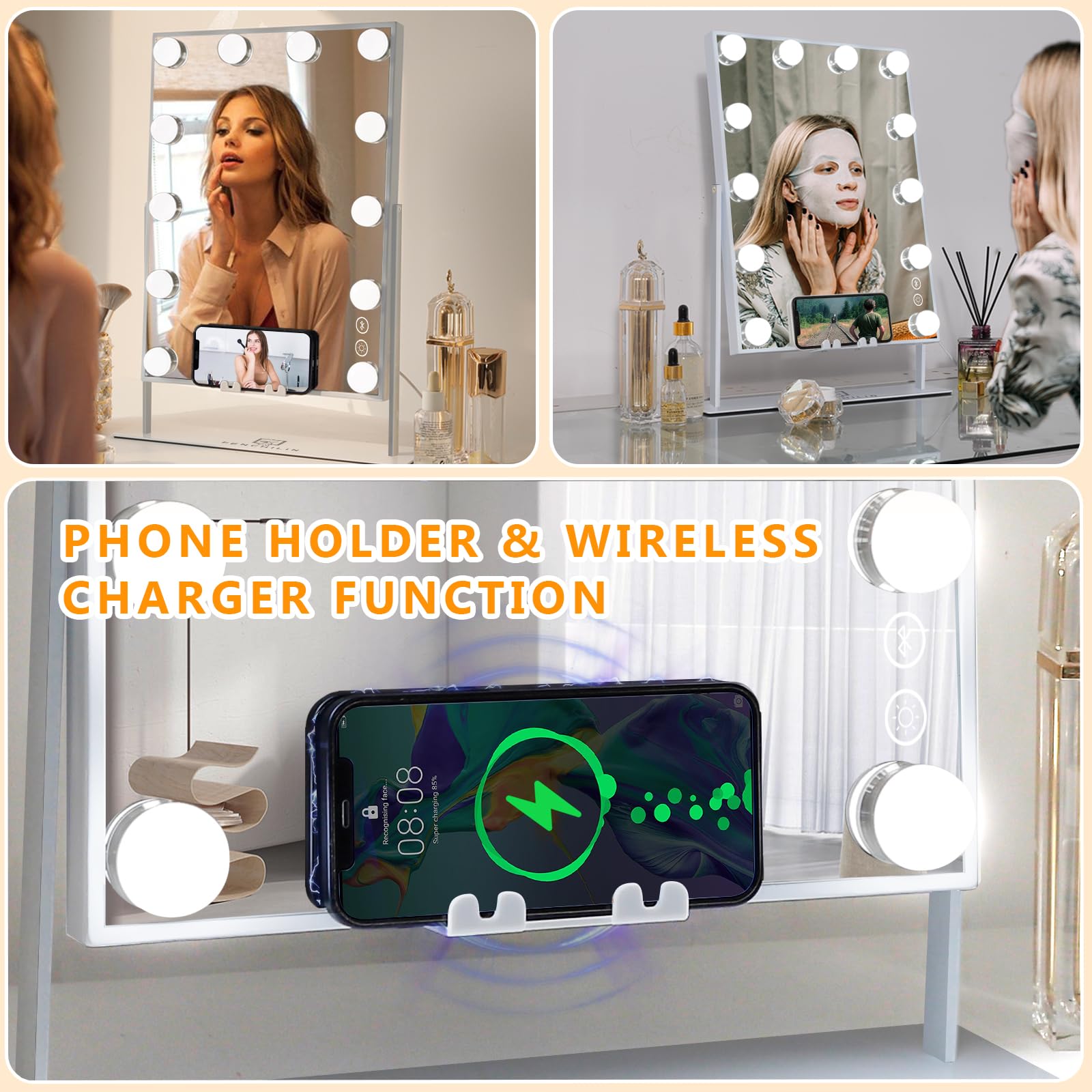 FENCHILIN White Vanity Mirror with Lights Wireless Charger and Speaker Hollywood Makeup Mirror with 12 Dimmable Bulbs 3 Color for Glam Room Bedroom Detachable 10X Magnification