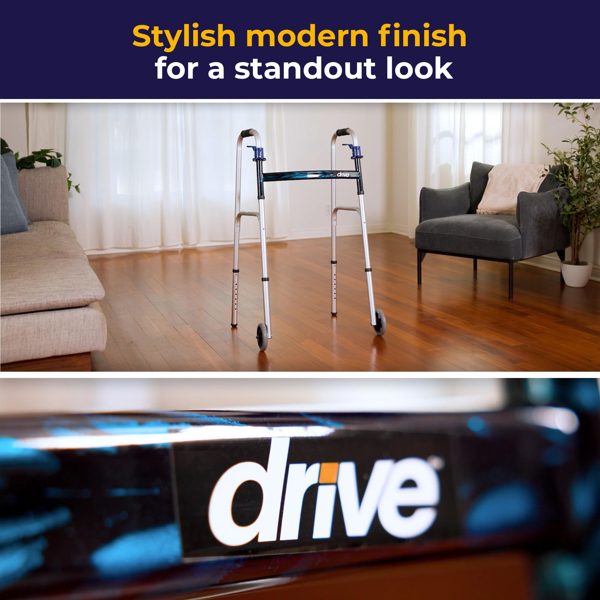 Drive Medical Trigger Release Folding Walker - Lightweight Brushed Steel Design - Easy Trigger Folding Mechanism - 5 Inch Wheels - Contoured Hand Grips - Senior Mobility Aid