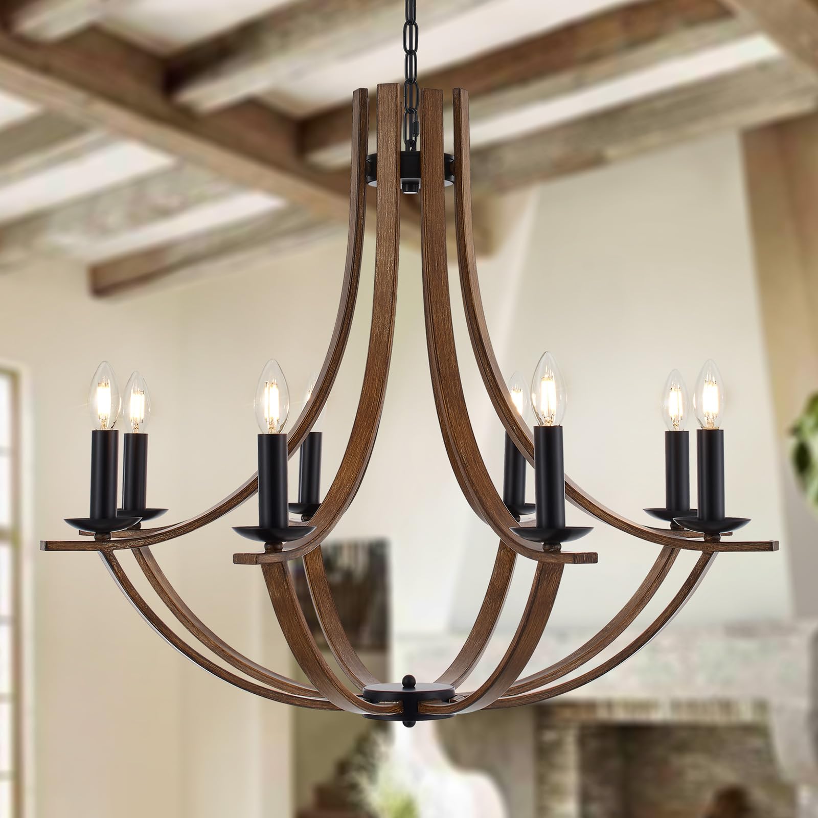 Widluth Farmhouse Wooden Chandelier Large 8-Lights Vintage 31.5" Candle Style Chandelier with Wood Finish Industrial Retro Rustic Black Chandelier for Dining Room, Kitchen Island, Living Room, E12