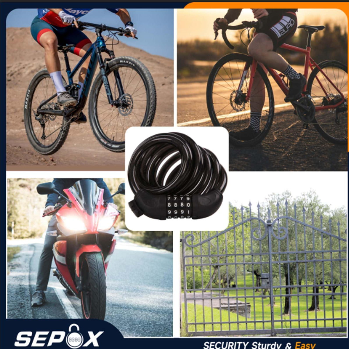 SEPOX® 2Pcs Pack 6FT Extra Long Cable Combination Bike Locks, 4 Digits Retractable Security Lock, 12mm Heavy Duty Anti Theft Anti Rust Cable for Bicycle, Scooter, Gate, Outdoor Equipment, Weatherproof