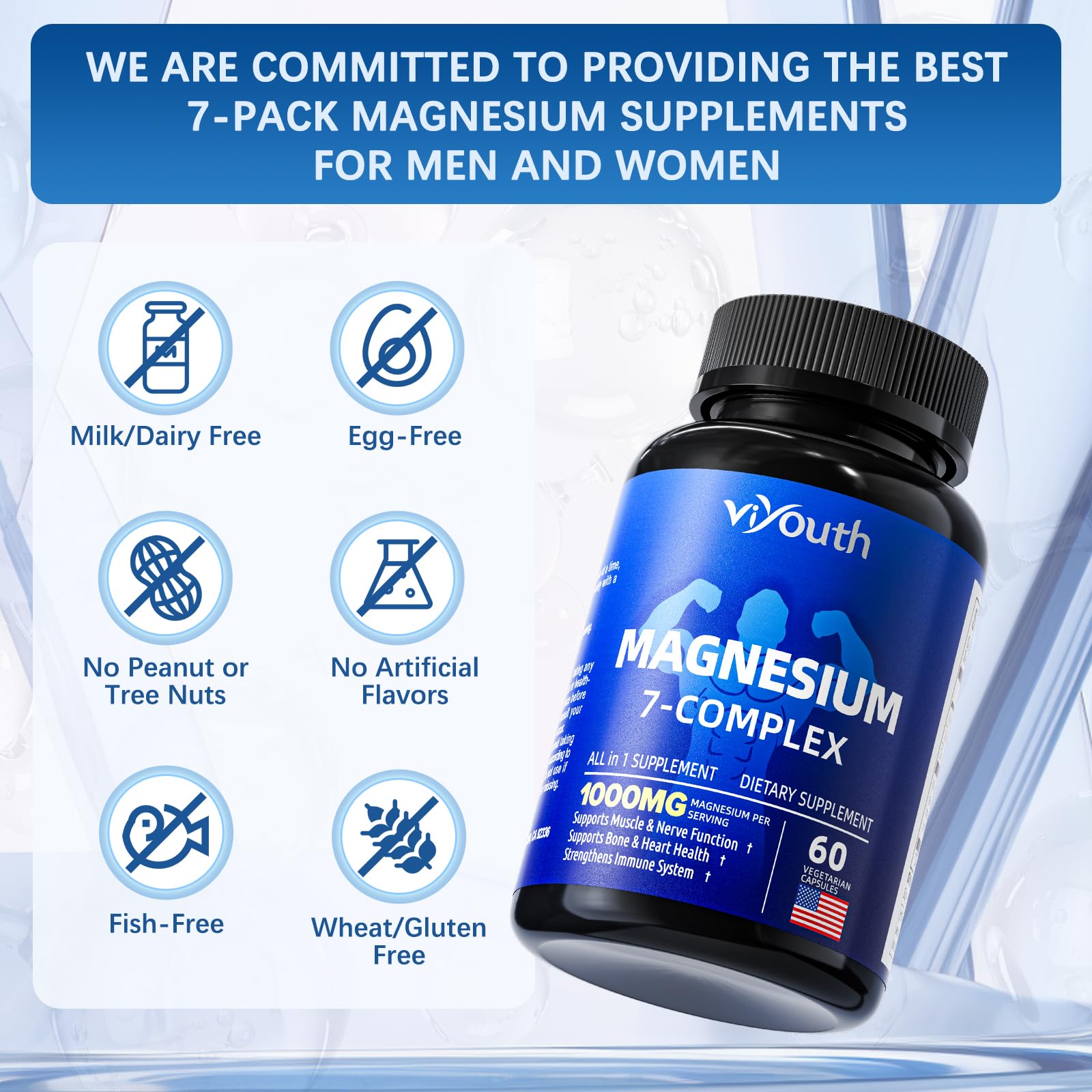 Viyouth Magnesium Complex Supplement, Magnesium Glycinate, Citrate, Malate, Chelate, Taurate, Orotate Aspartate 7 in 1 Zinc and Vitamin D3, B6 for Sleep, Leg Cramps, Muscle Relief - 60 Capsules