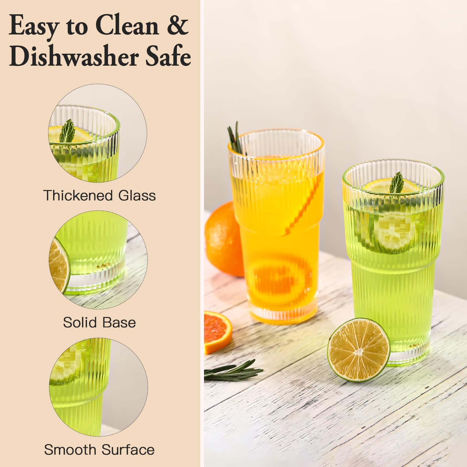 SIPBYSOP 4PCS Ribbed Glass Cups with Lids and Straws, 20oz Vintage Drinking Glasses, Aesthetic Iced Coffee Cups, Glass Tumbler for Boba, Beer, Tea, Cocktails, Ribbed Glassware Set,Clear