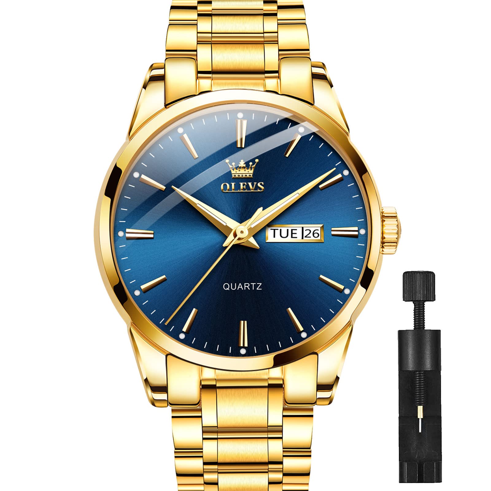 OLEVS Gold Steel Watches for Men,Day Date Watches Men Gold,Mens Watch Blue Dial,Gold Watch Men with Day,Mens Watch,Dress Waterproof Men Watches,Luminous Men Watch,Classic Watch for Men