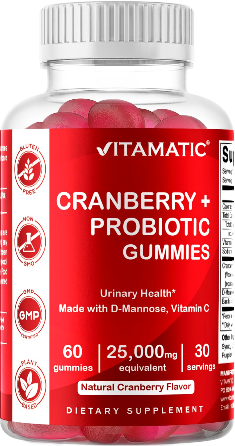 Vitamatic 2 Pack Vegan Cranberry Gummies, 25000 per Serving - Made with Probiotics, D-Mannose & Vitamin C - 60 Count - Supports Healthy Urinary Tract Function - (Non-GMO, Gluten Free)