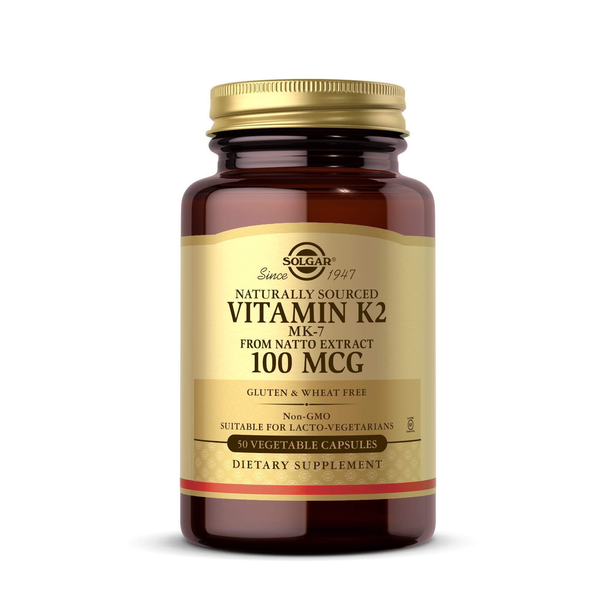 Solgar Vitamin K2 MK7 100mcg Vegetable Capsules Supports Bone Health Natural Whole Food Source from Natto Extract NonGMO Gluten Free Servings, Original, 50 Count