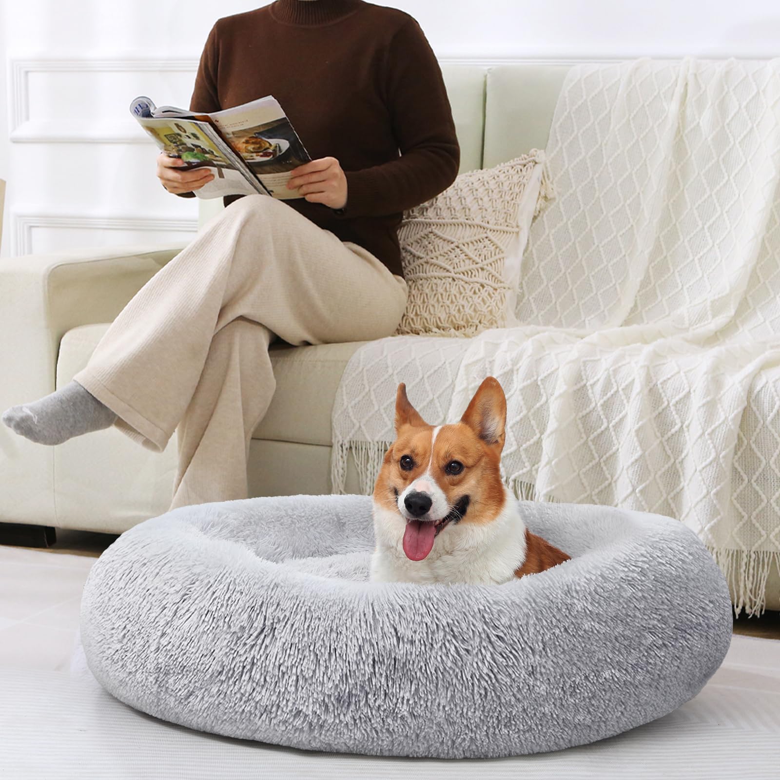 JOLLYVOGUE Dog Beds, Calming Small Dog Bed, Anti-Anxiety Dog Bed for Small Dogs, Fluffy Donut Dog Bed, Cozy Dog Cat Cushion Bed for Small Medium Dogs and Cats (20")