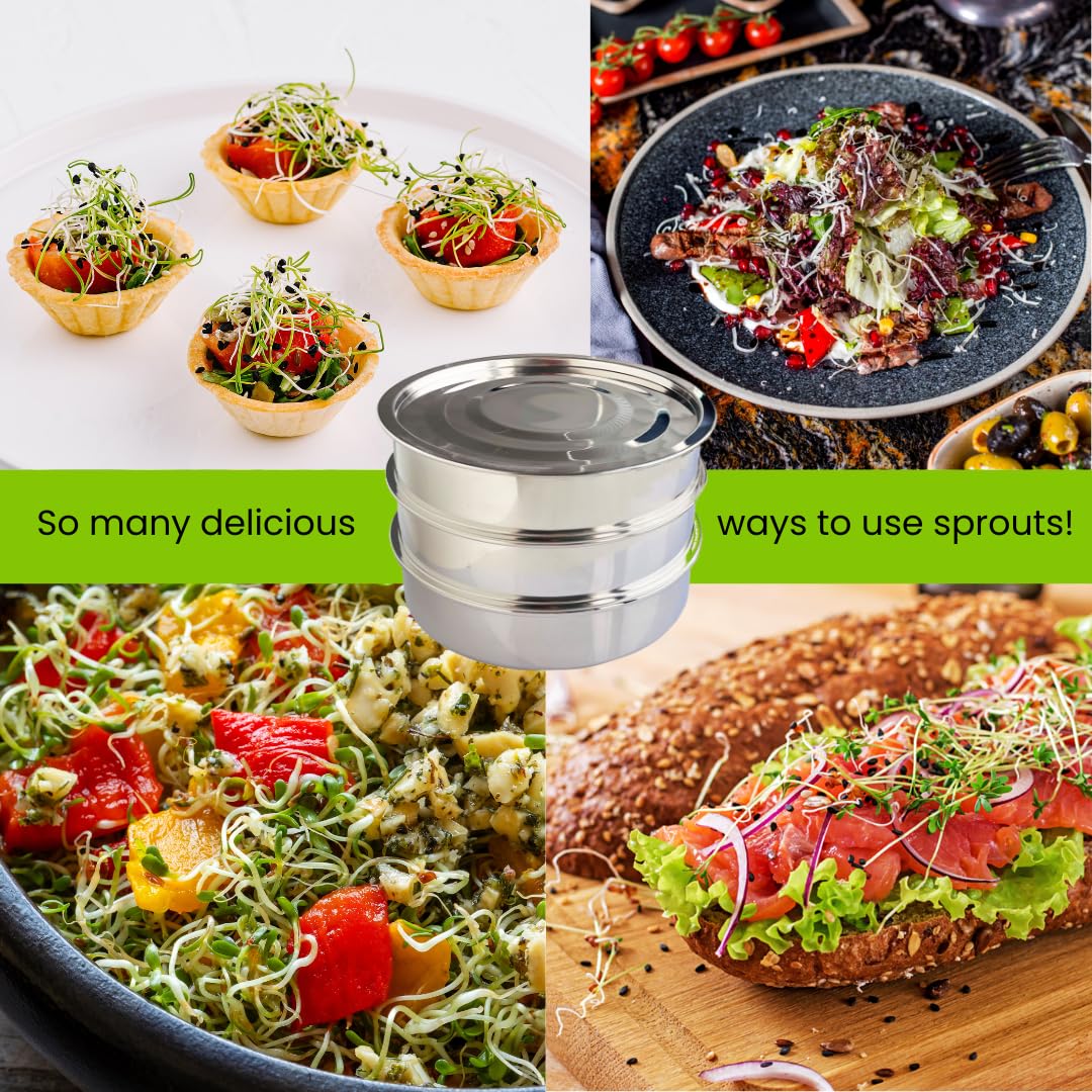 ZESTIGREENS Stainless Steel Seed Sprouter Kit - Stackable 3-Tier Seed Sprouting Germination Tray Seed Sprout Grower Maker with Lid for Growing Broccoli Alfalfa Mung Beans