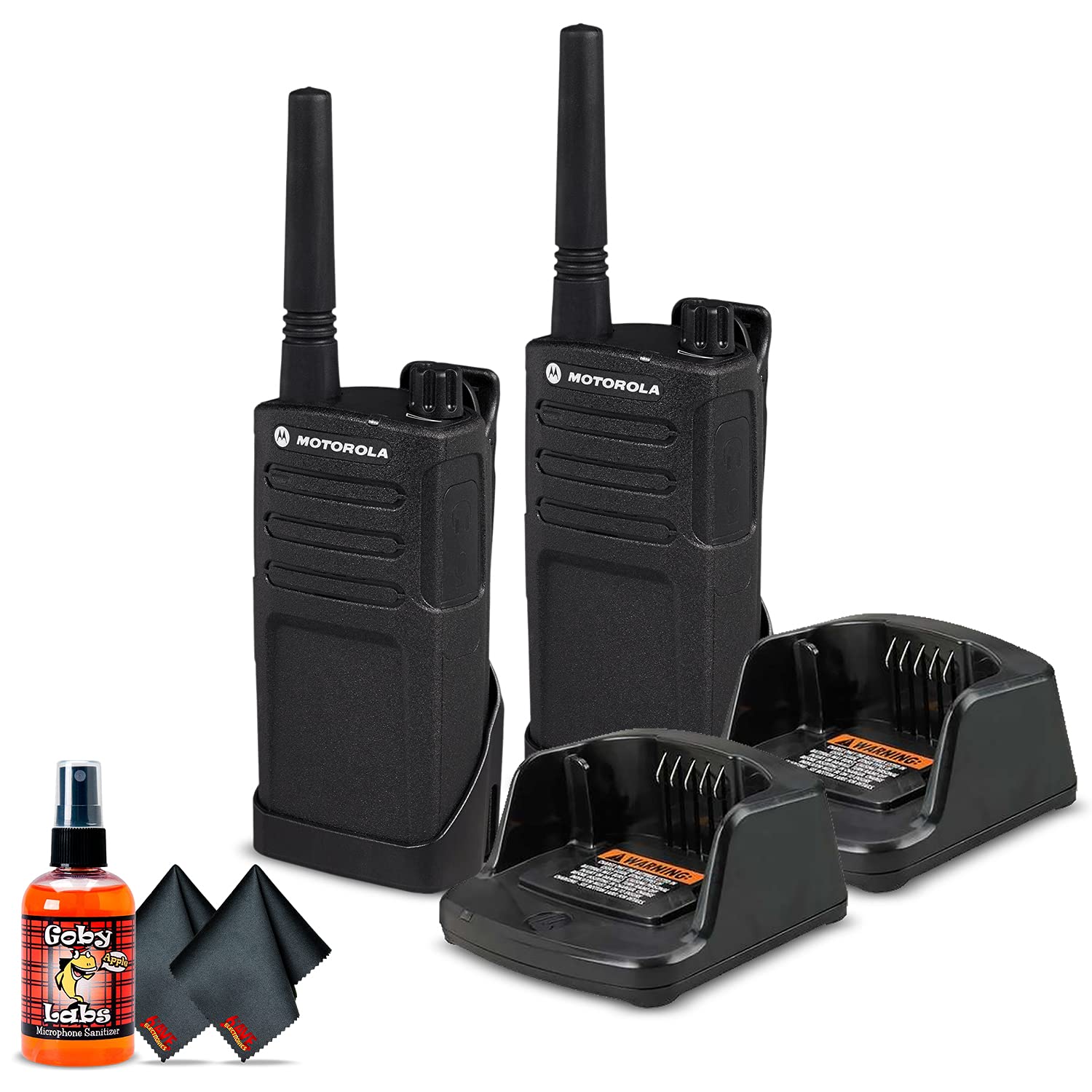 2 x Motorola RMM2050 On-Site 2-Way Radio (RMM2050) + Mic Sanitizer Spray + 2 x Microfiber Cloth - 2 Pack Bundle