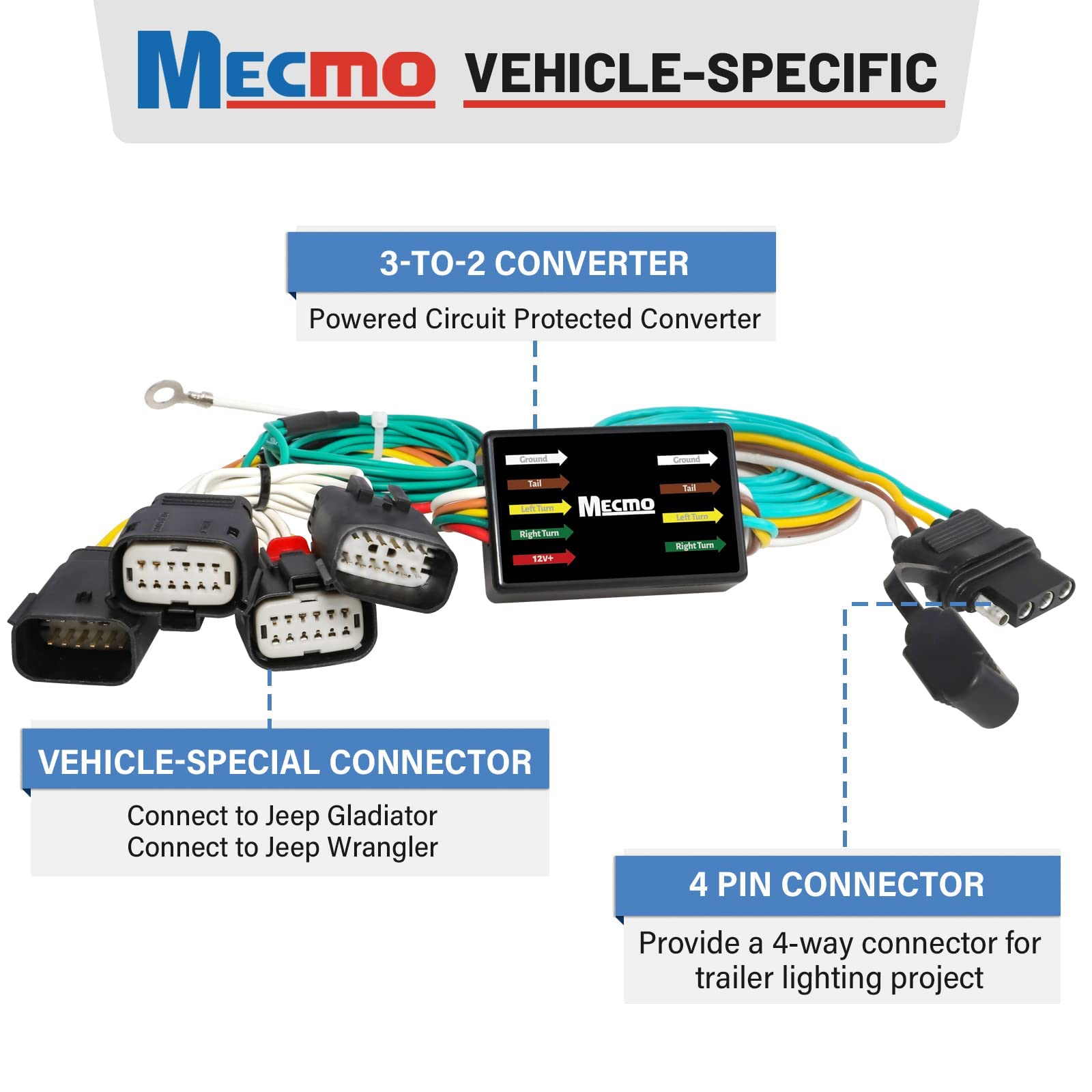 MECMO 56407 4-Pin Trailer Wiring Harness for 2018-2025 Jeep Wrangler JL/JLU, 2020-2025 Jeep Gladiator JT, 19-25 Wranglers Unlimited, Rubicon, Sahara, Sport, 4xe Towing Hitch Wire Trailer Light Plug