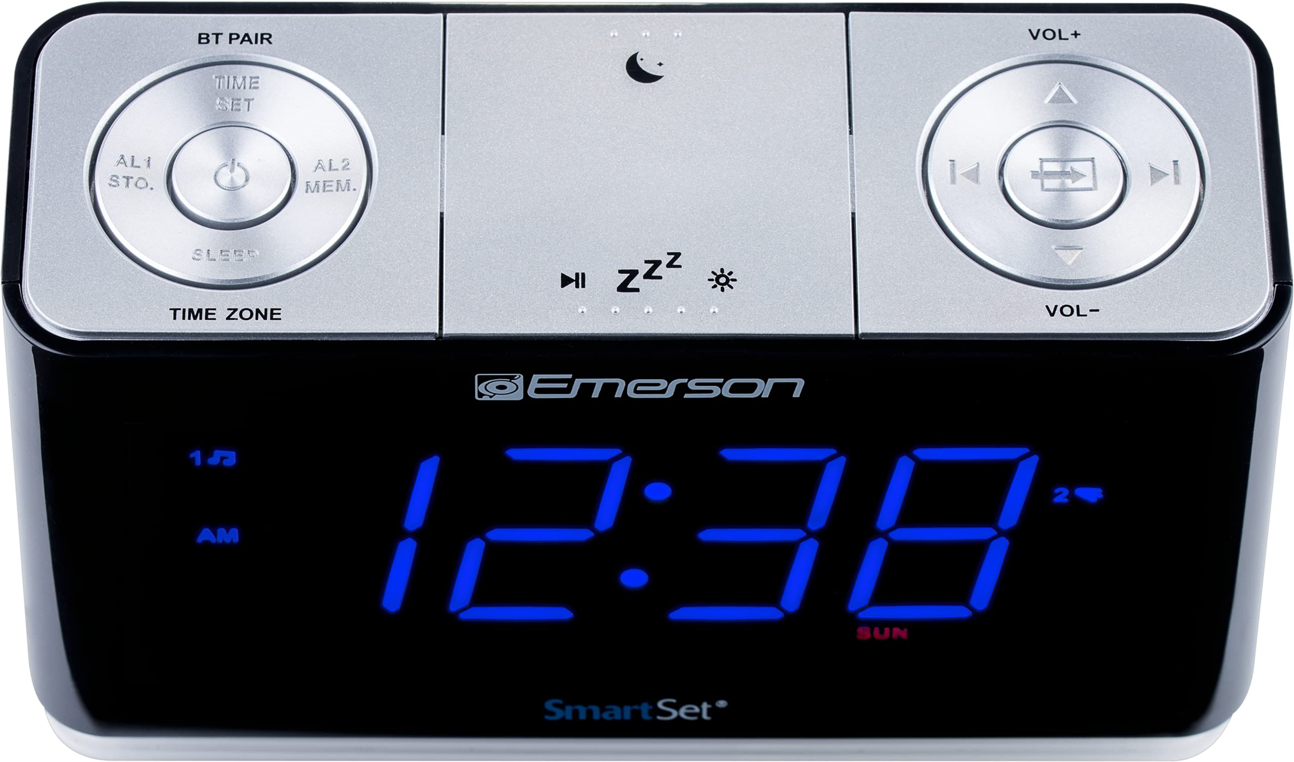 Emerson CKS1507 Smartset Radio Alarm Clock, 1.4" Blue LED Digital Display, USB Charging Port, Brightness Dimmer Controls, Bluetooth Connectivity, Set Alarm to Radio, Music, or Buzzer, Black