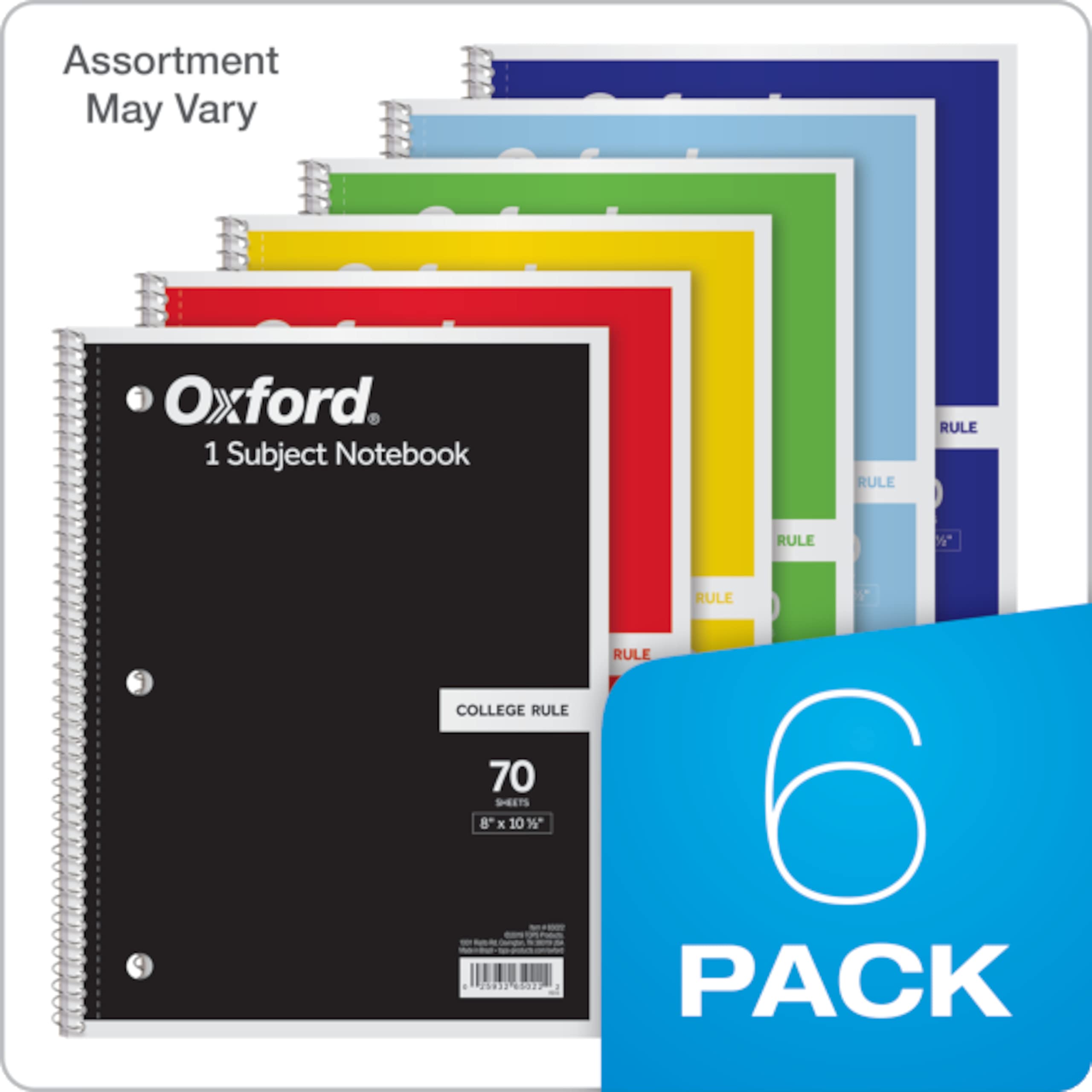 Oxford Spiral Notebook 6 Pack, 1 Subject, College Ruled Paper, 8 x 10-1/2 Inch, Color Assortment Design May Vary (65007)