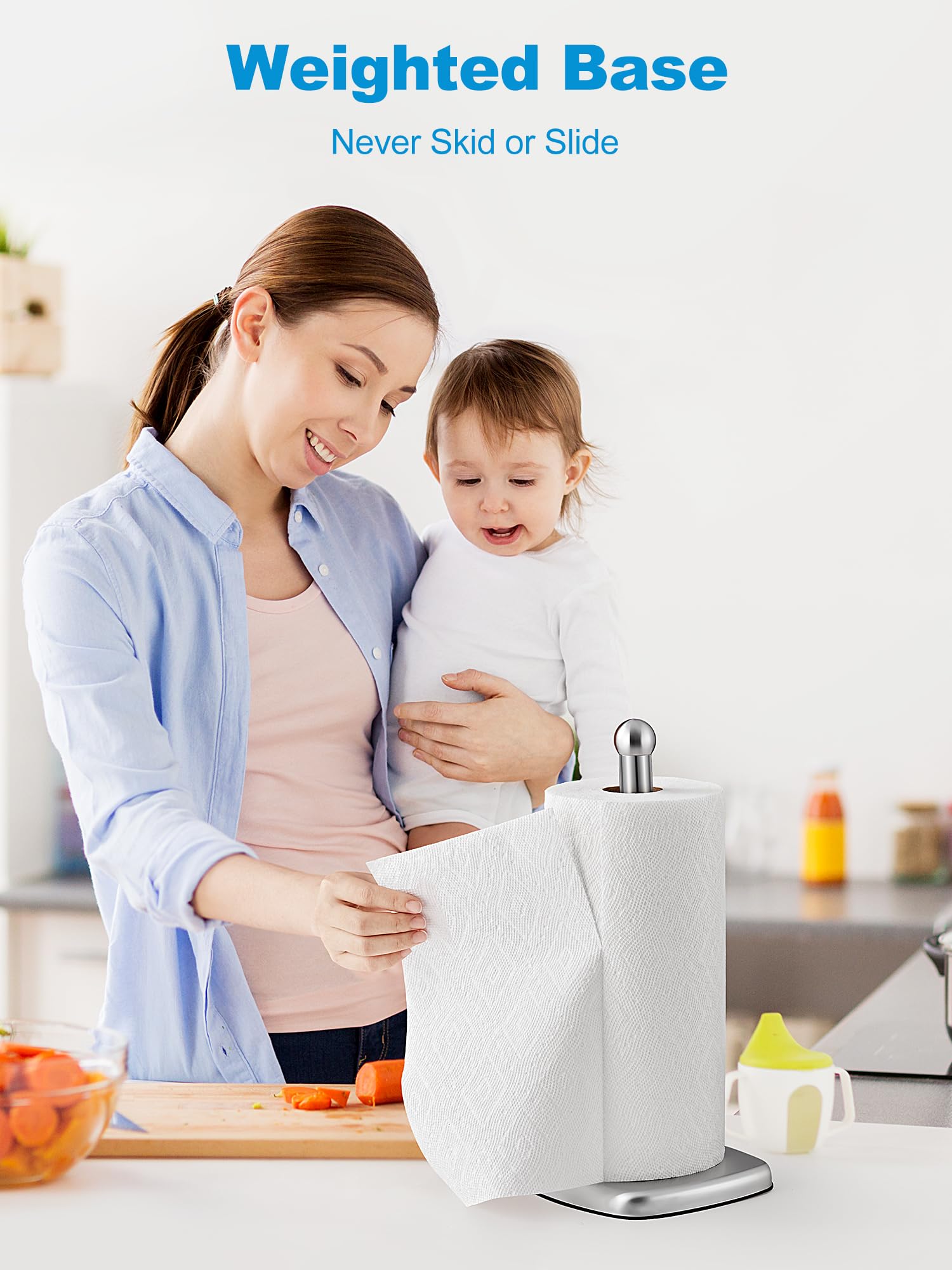 SMARTAKE Paper Towel Holder for Countertop, Standing Kitchen Roll Holder with Suction Cups, Non-Slip Paper Towel Stand, Stainless Steel, Weighted Base, for Kitchen Bathroom, Square Base (Silver)