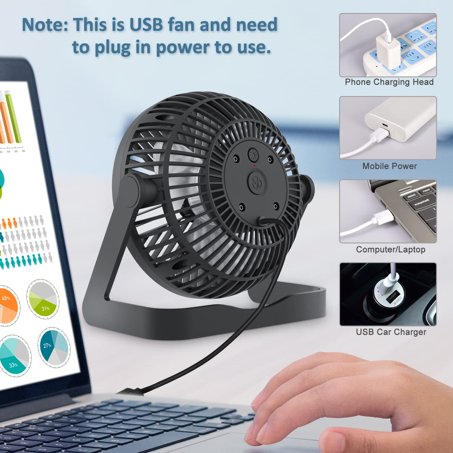 GagetElec USB Desk Fan with LED Night Lights,3 Speed Small Desktop Fan Cooling Table Fan, 360 degreeRotation Strong Wind, Quiet Mini Personal USB Fan for Home Office Desktop '6.1x6x0.26in (T5-04)