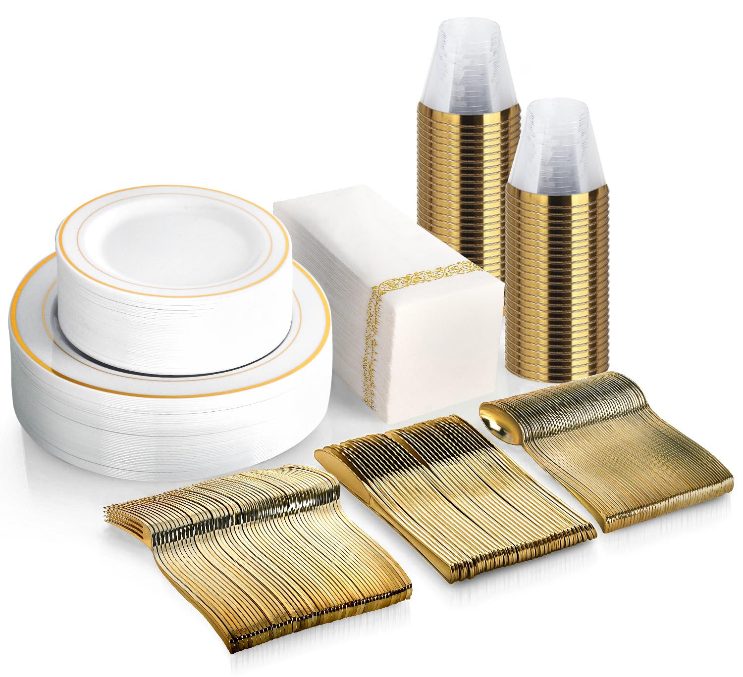 350 Piece MCIRCO Gold Dinnerware Set - 100 Gold Rim Plastic Plates - 50 Gold Plastic Silverware - 50 Gold Plastic Cups - 50 Gold Paper Napkins, 50 Guest Disposable Gold Dinnerware Set