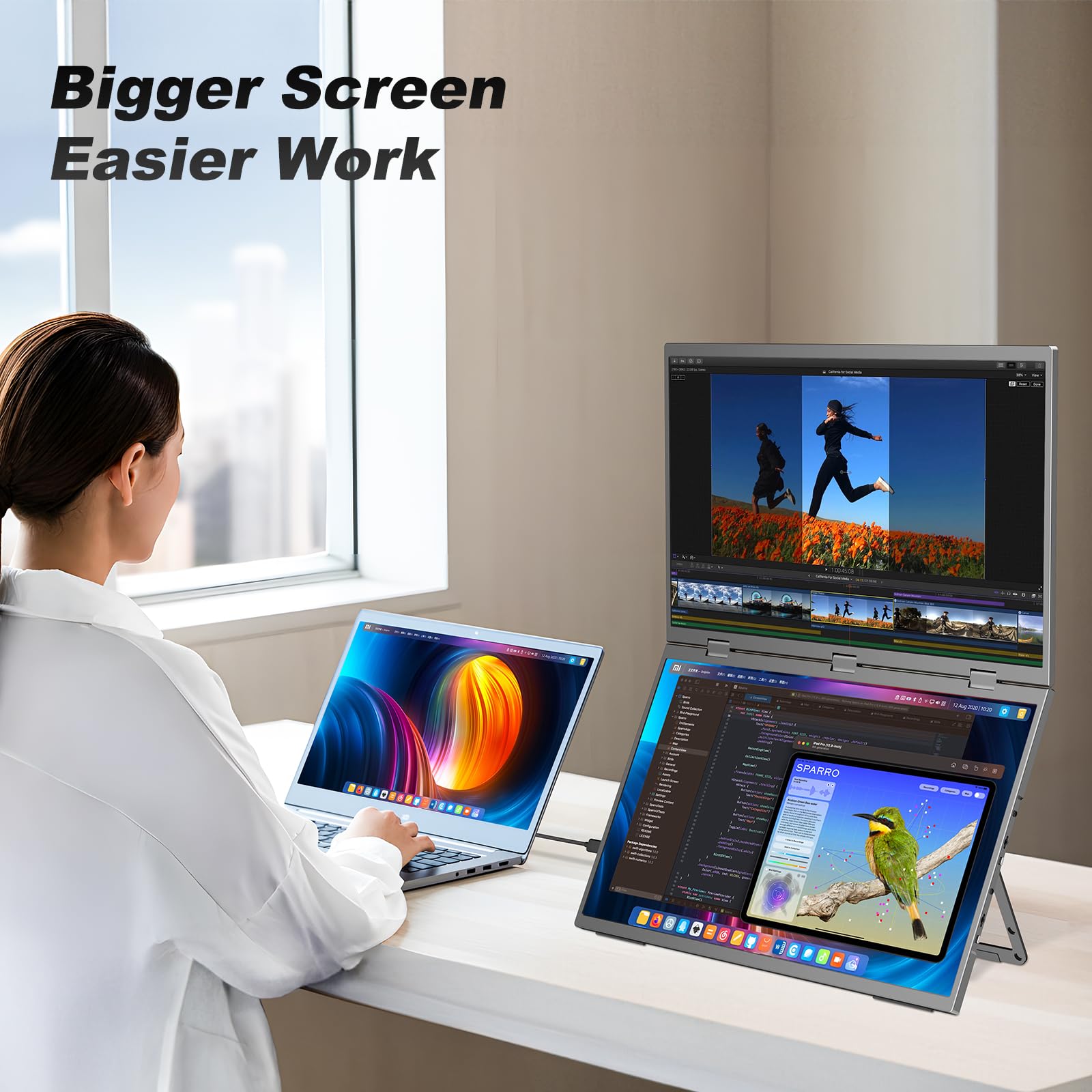 Triple Laptop Screen Extender, 18.5" 1080P FHD IPS Folding Stacked Dual Portable Monitor, USB-C Plug & Play Travel Extended Computer Display for Laptop PC Windows Mac w/Stand & VESA Mountable