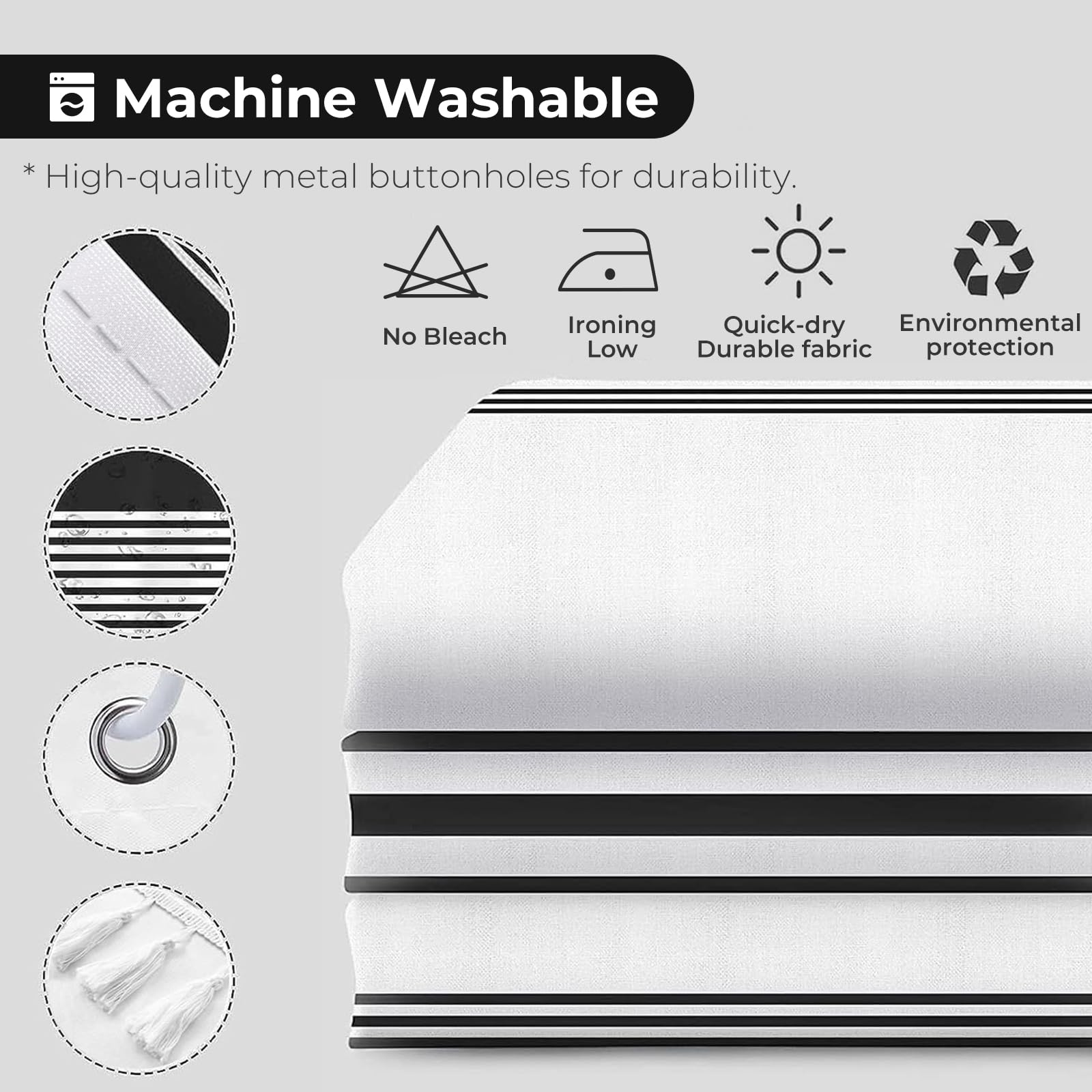 Seasonwood Black and White Shower Curtain with Tassels,Farmhouse Fabric for Bathroom,Heavy Weighted, 72 x 72