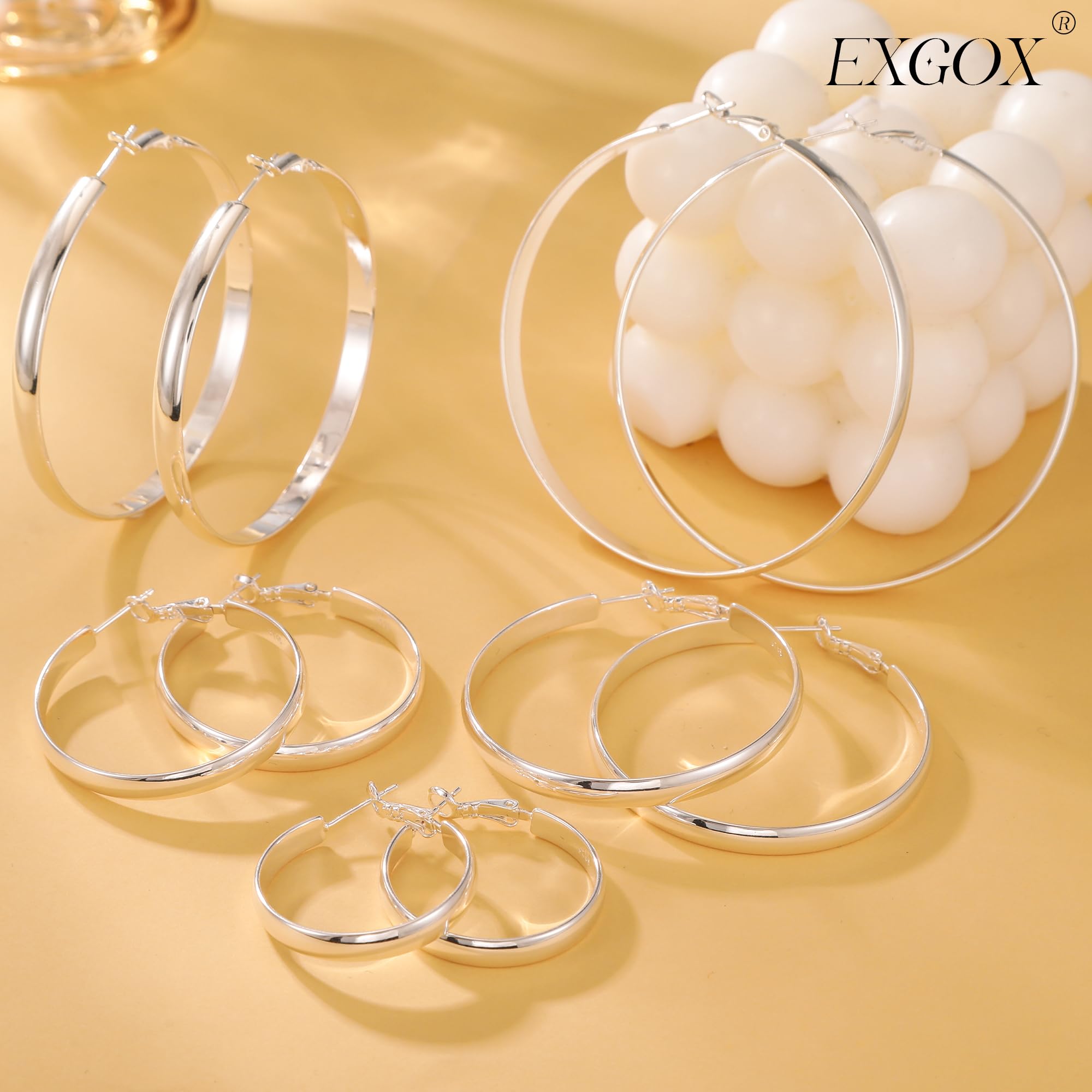 EXGOX Sterling Silver Hoop Earrings for Women 5mm Wide Large Silver Hoop Earrings Hypoallergenic 14K Real Gold Plated Earring Big Silver Hoop Earrings for Women Girls 30/40/50/60/70mm