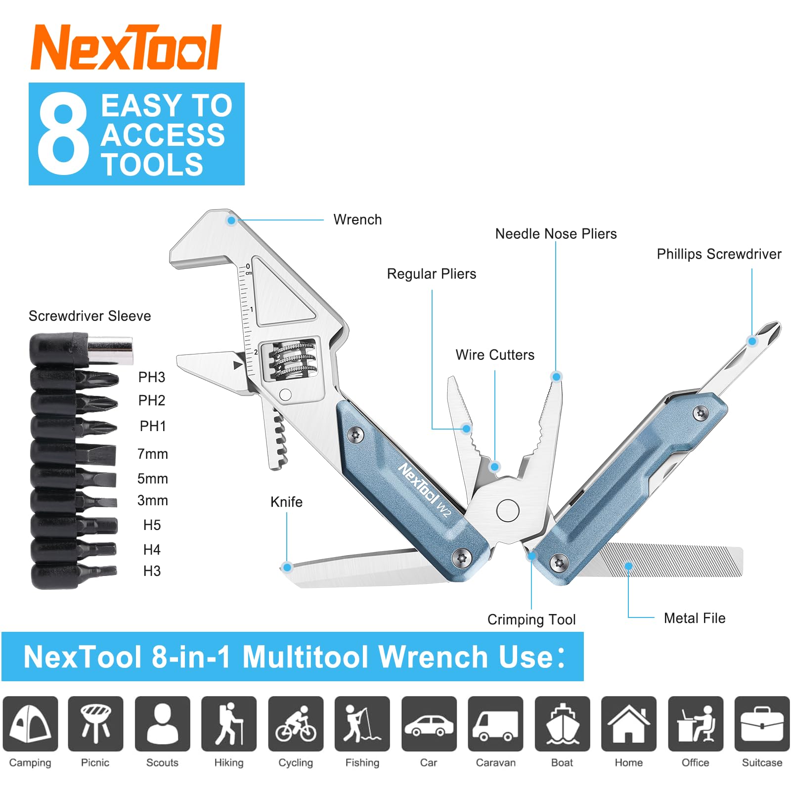 NexTool W2, 8 in 1 Multi Tool with Adjustable Wrench, Multitool Pliers, Pocket Knife, Screwdriver and File, Multi-Tool with 9 in 1 Bits Set and Nylon Sheath for Cycling Maintenancen, Household Repairs