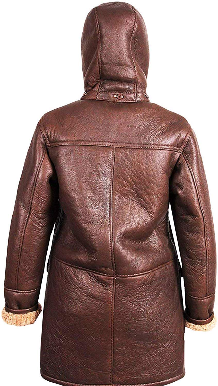 SKY-SELLER Shearling Aviator Jacket Women - Brown Leather Jacket - Mid Length Winter Coats for Women