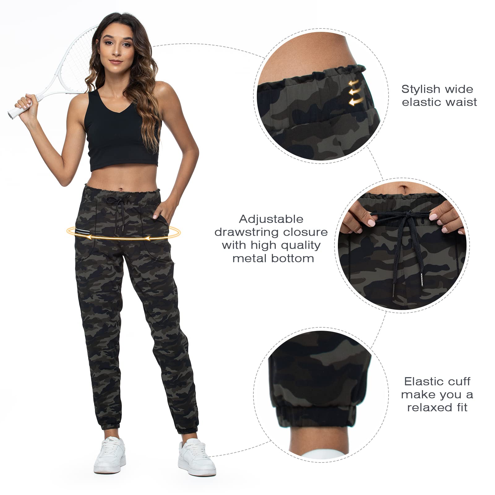 Haowind Joggers for Women with Pockets Elastic Waist Workout Sport Gym Pants Comfy Lounge Yoga Running Pants(Green Camo M)