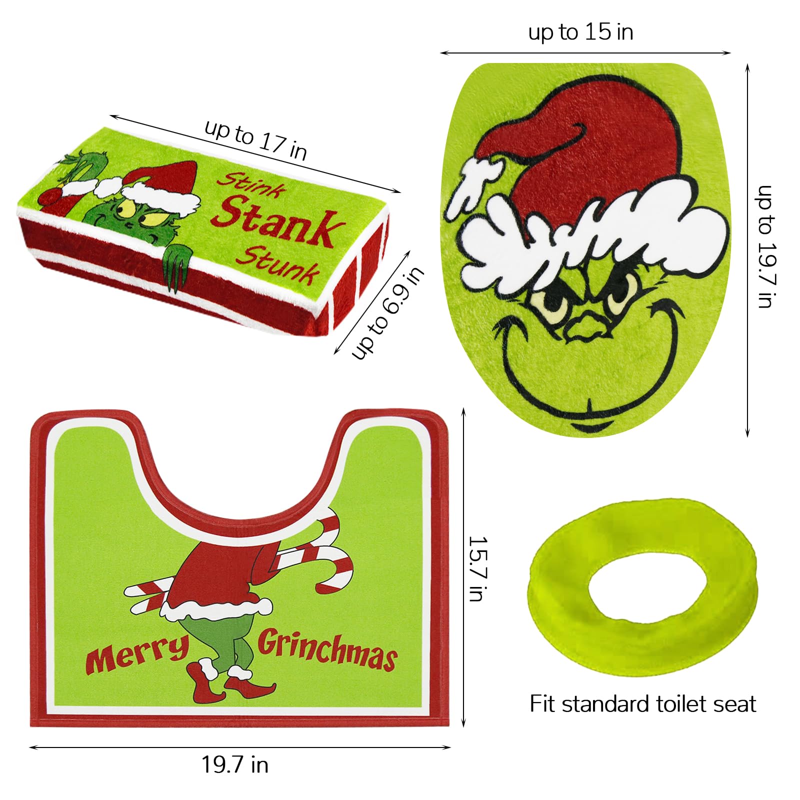 Mythcloud Christmas Decorations - Xmas Bathroom Sets - Christmas Decor Toilet Seat Cover and Rug for Indoor Home Bathroom Set of 4 (Red - Green)