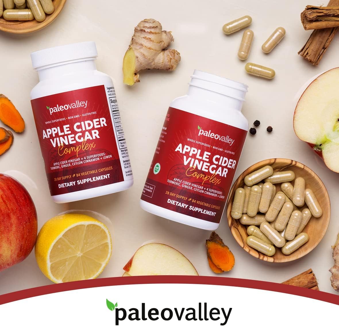 Paleovalley Apple Cider Vinegar Complex with Superfoods - Turmeric, Ginger, Ceylon Cinnamon and Lemon - 84 Vegetable Capsules