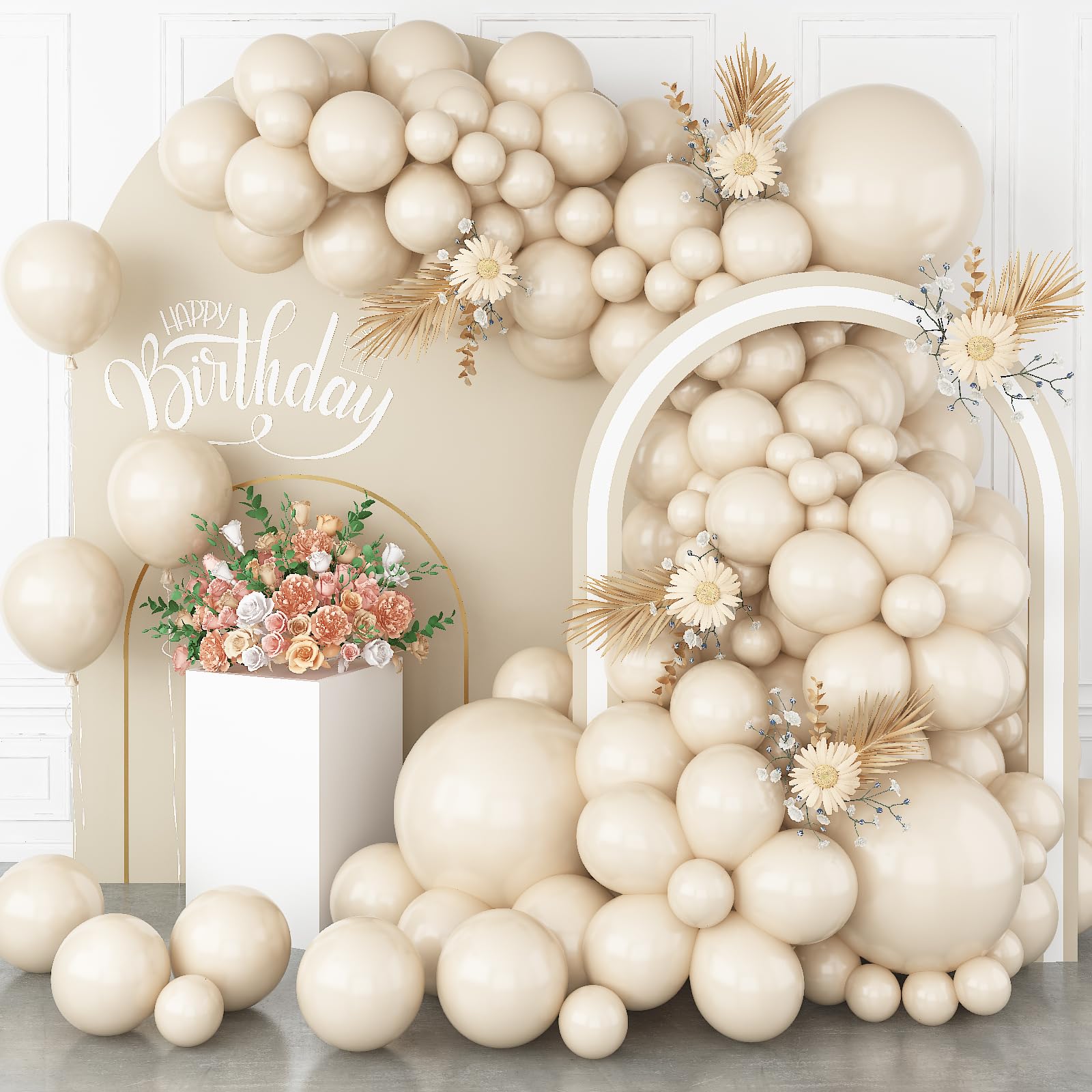 White Sand Balloons, 113Pcs Different Sizes Cream Beige Balloon Garland Arch Kit 18/12/10/5 Inch, Matte Retro Neutral Sand White Latex Helium Balloons for Birthday Wedding Anniversary Party Decoration