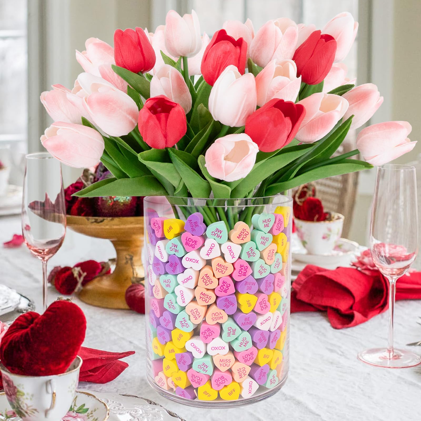 MOREDOTS Valentines Day Decorations - Valentines Decor - Conversation Hearts Vase Filler Set - Sweet Floral Arrangement Home Decoration Centerpieces for Tables Mantel