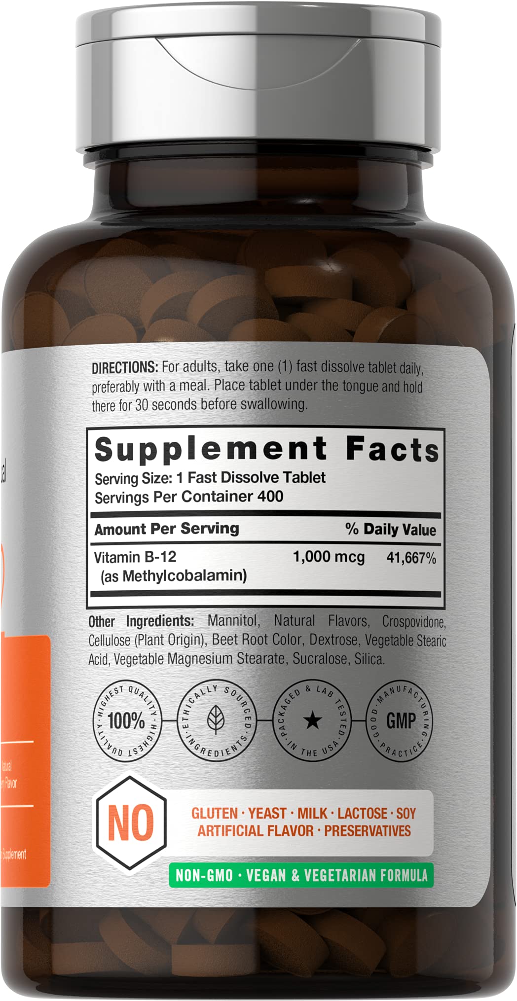 Horbäach Vitamin B12 Sublingual 1000 mcg | 400 Fast Dissolve Tablets | Methylcobalamin Supplement for Adults | Natural Berry Flavor | Vegan, Vegetarian, Non-GMO, and Gluten Free