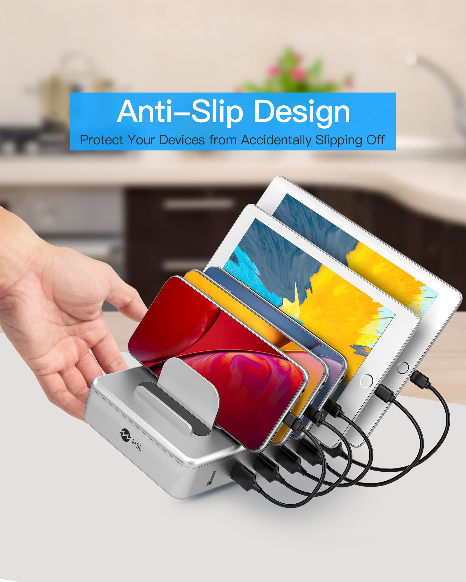 Charging Station for Multiple Devices - 6 Port Fast Charging Station for iPhone iPad Android and Tablet - Multi Charging Station - Phone Charging Station with 6 Mixed Cables Included(UL Certified)