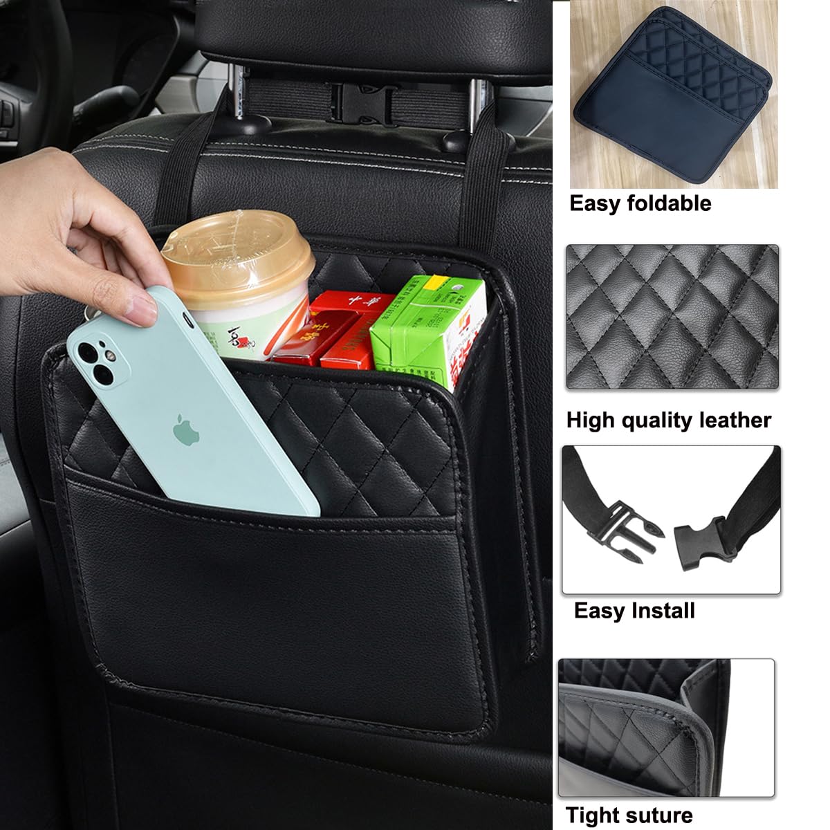 LXUNYI Car Seat Organizer,2 Pack Waterproof Pu Leather Backseat Car Organizer and Storage Bag Foldable Universal Hanging Car Seat Back Organizers for Kids & Adults Car Travel Accessories（Black）