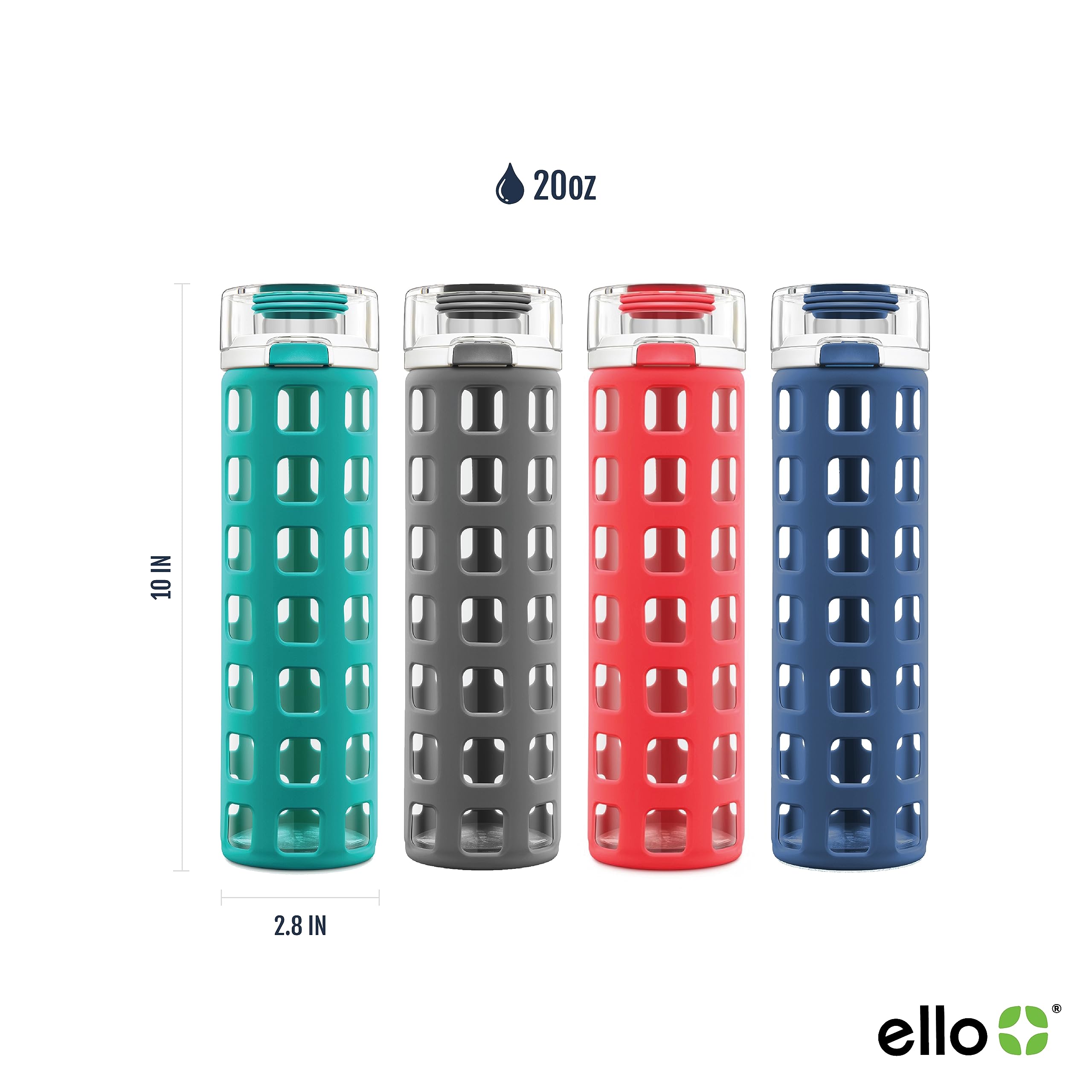 Ello Syndicate Glass Water Bottle with One-Touch Flip Lid, Grey , 20-ounce