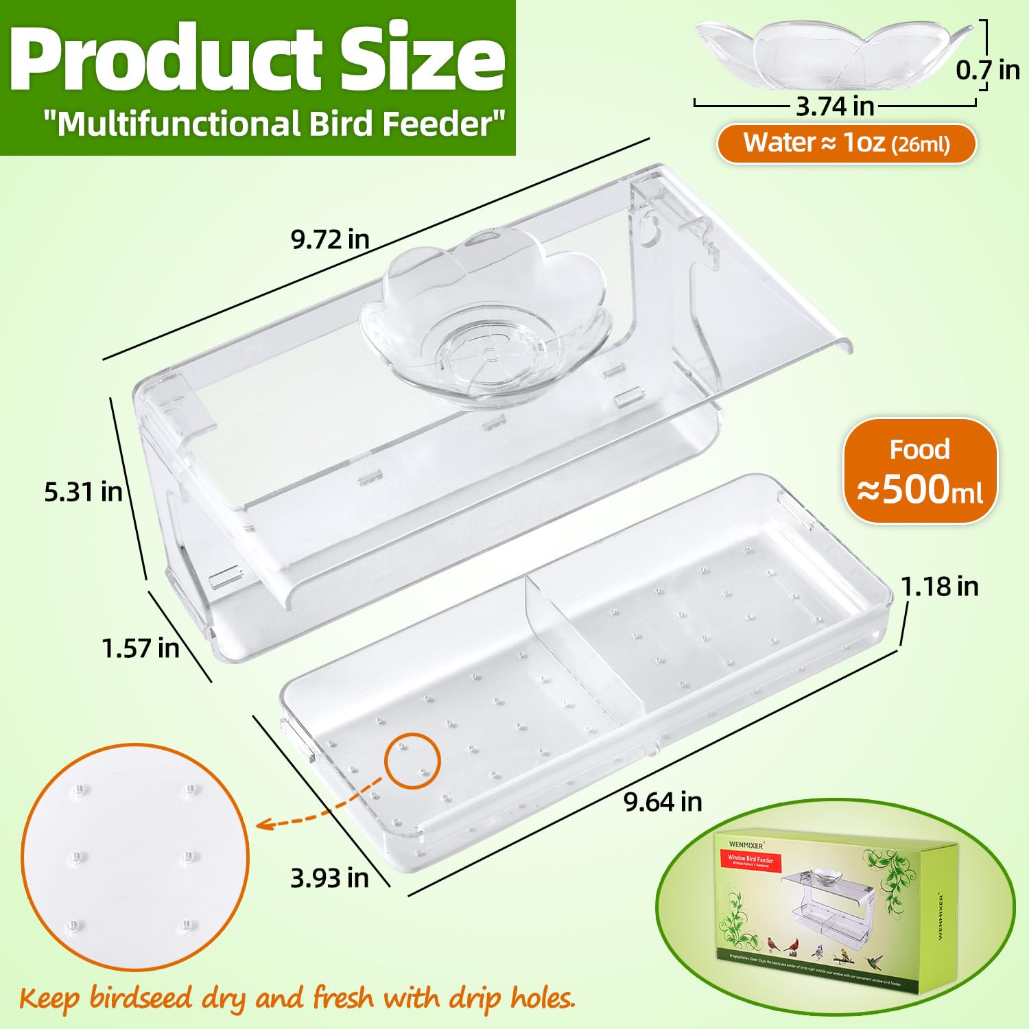 WENMIXER Window Bird Feeder with Non-Marking Self-Adhesive Hooks, Clear Window Bird Feeder for Outside, Transparent Bird House, Outdoor Bird Feeders, Wild Bird Watching Gift, Garden Decor