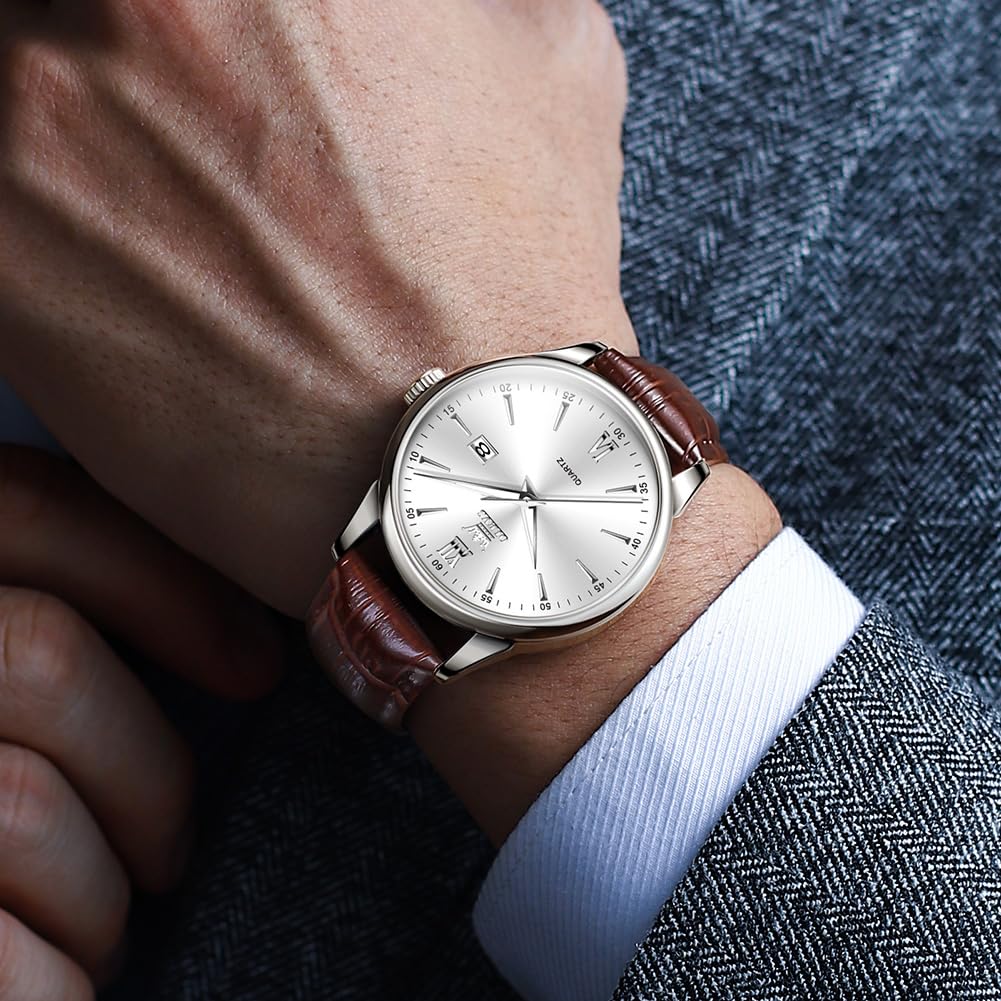 OLEVS Mens Watches Brown Leather Band Minimalist Men's Wrist Watches Silver Dress Watches for Men Waterproof Big Face Watch for Men Fashion Quartz with Date Man Watch relojes para Hombres