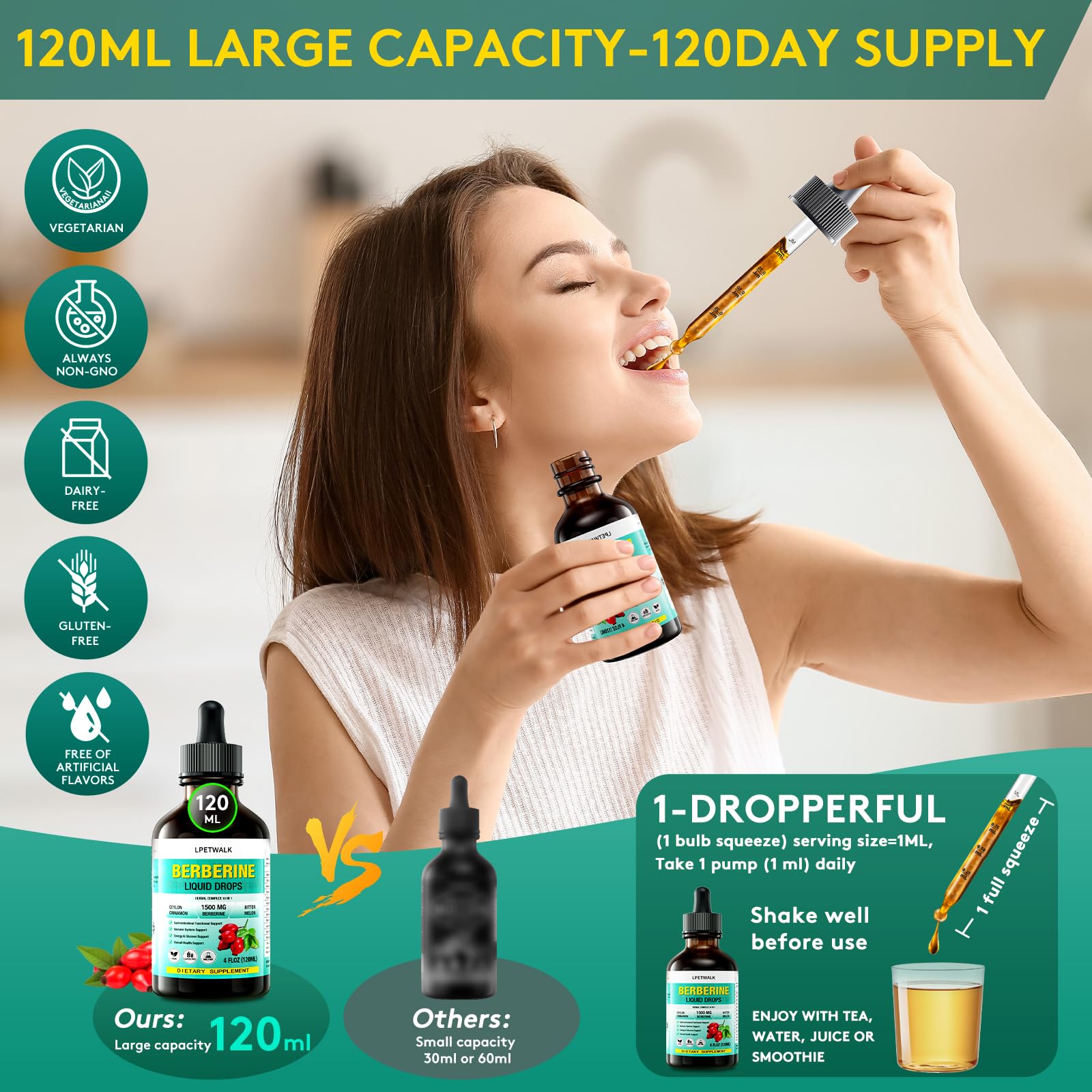 LPETWALK 4 FL Oz Organic Berberine Liquid Drops - Premium Berberine Supplement with Ceylon Cinnamon, Bitter Melon, Sugar-Free & Vegan Supplement Berberine Leaves Liquid, 98% Absorption - 120ML