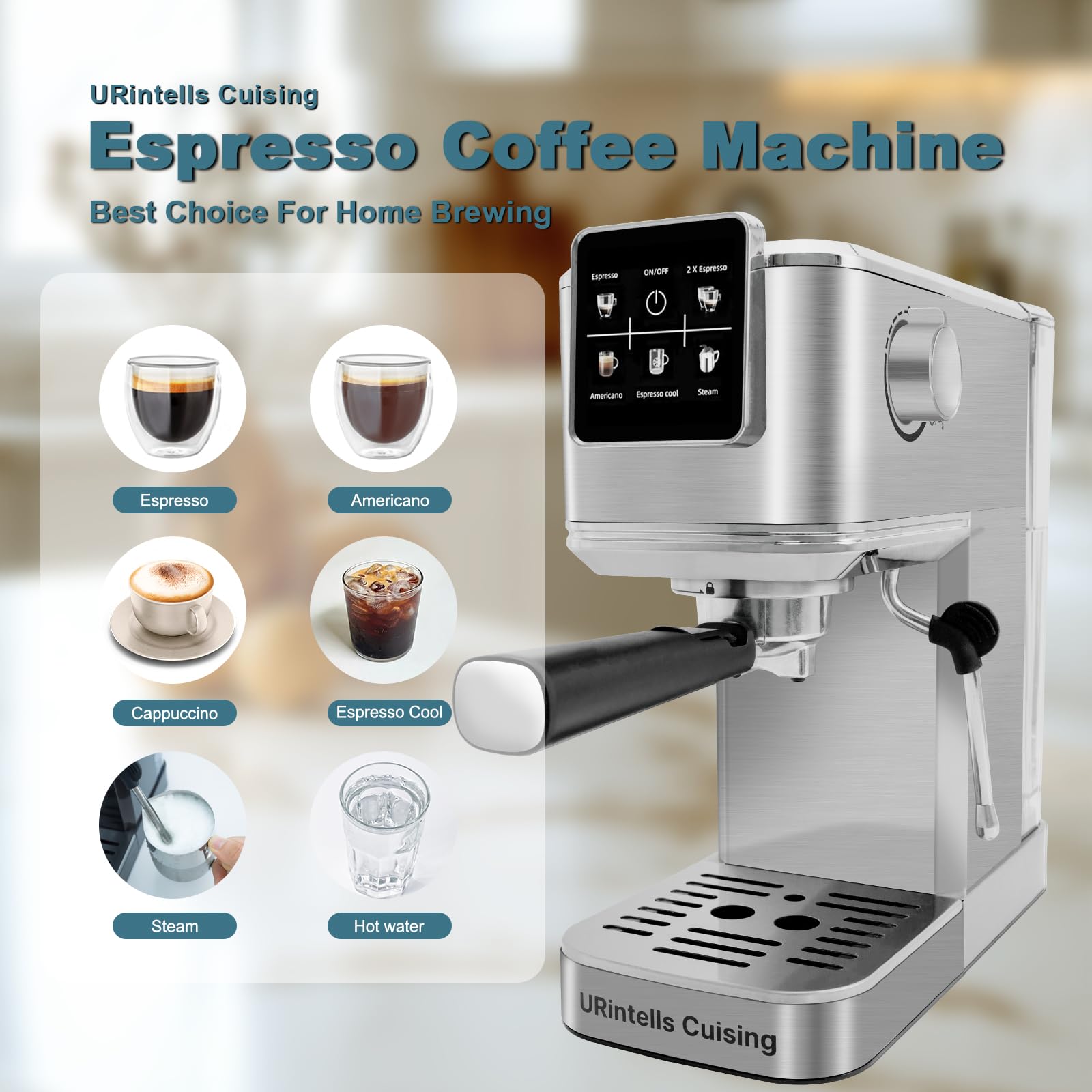 URintells Cuising Espresso Machine 20 Bar, Touch Screen Espresso Maker with Americano, Coffee Machine with Steam Milk Frother, Stainless Steel Cappuccino Latte Machine for Cold Brew Home Gifts