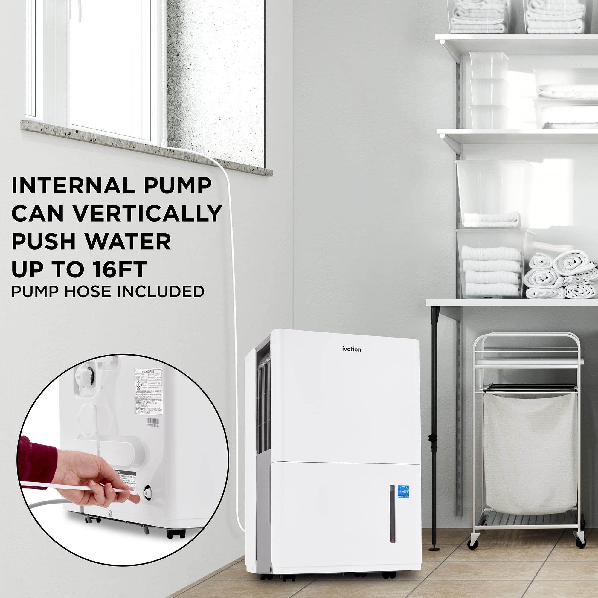 Ivation 4,500 Sq. Ft Energy Star Dehumidifier With Pump, Large Capacity Compressor De-humidifier for Big Rooms and Basements with Continuous Drain Hose Connector and Pump, Auto Shutoff and Restart