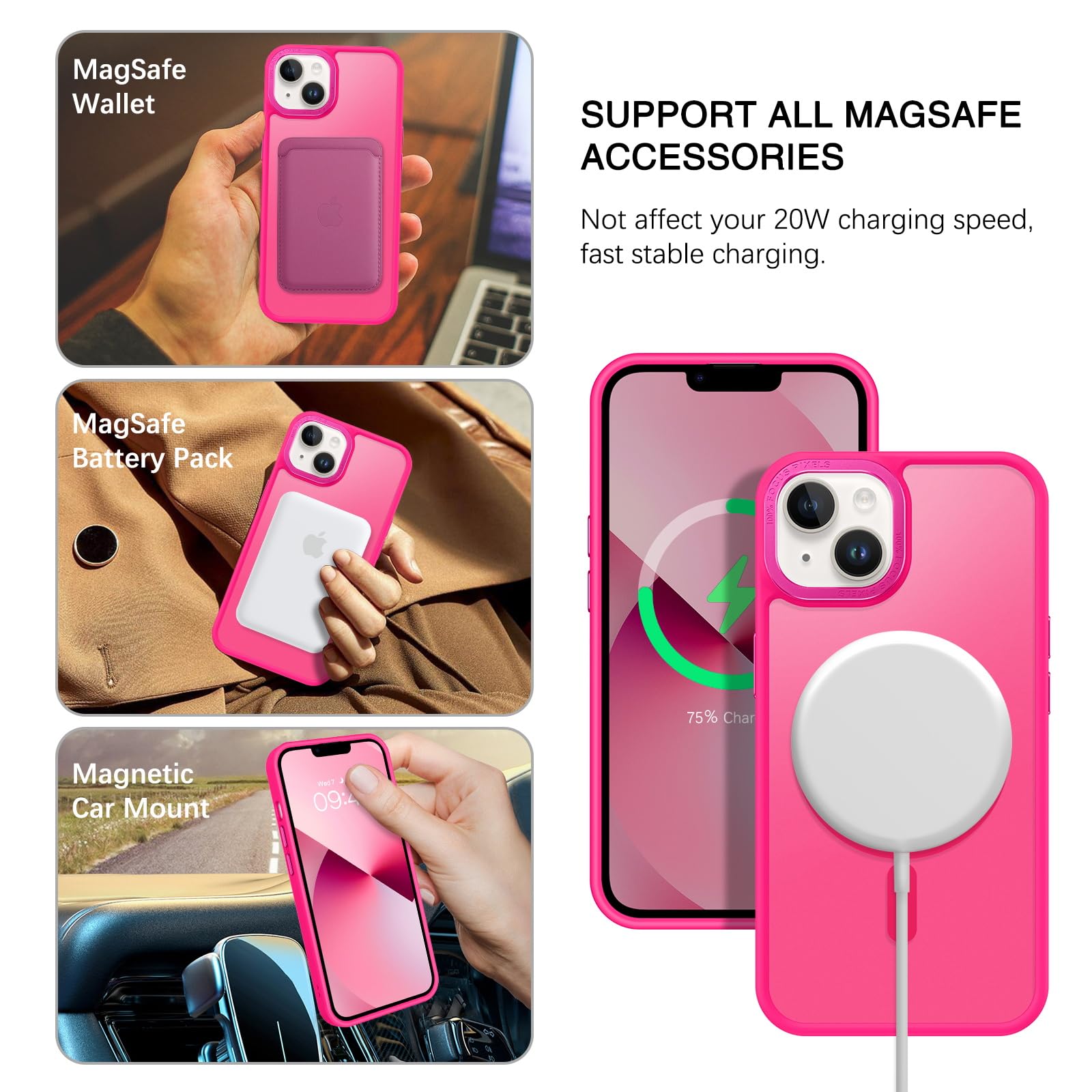 BENTOBEN Magnetic for iPhone 13 Case & iPhone 14 Case [Compatible with Magsafe] Translucent Matte Phone Case iPhone 13/14 Slim Shockproof Women Men Protective Cover for iPhone 13/14 6.1", Hot Pink