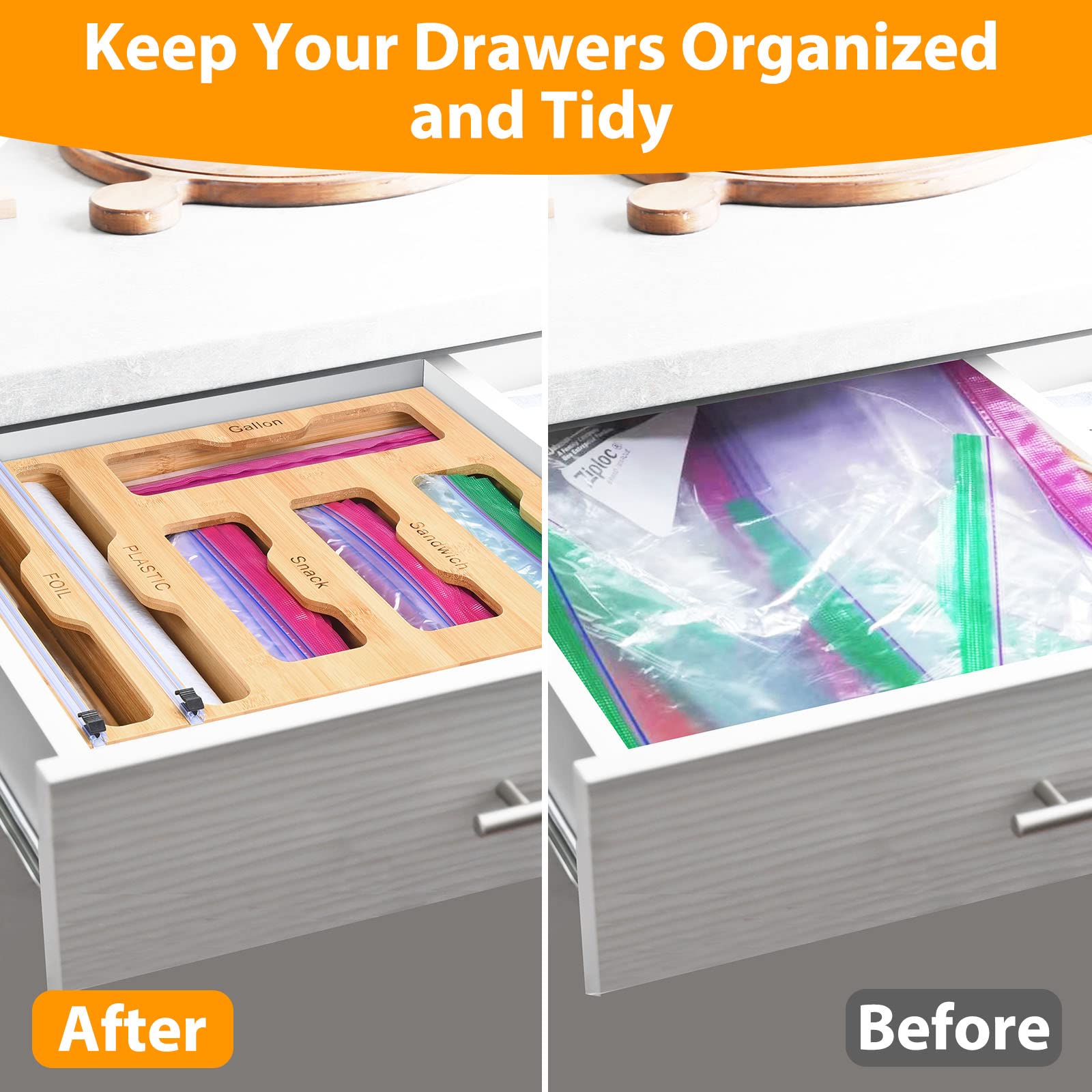 INHOTBY Foil and Plastic Wrap Organizer,Bamboo Ziplock Bag Organizer,6 in 1 Aluminum Foil Dispenser with Cutter,Tin Foil Baggie Organizer for Drawer,Kitchen containters Organization and Storage