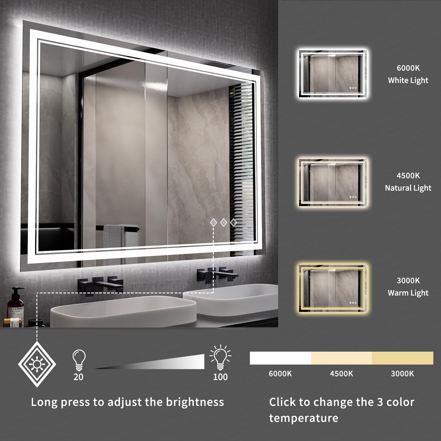 VanPokins Bathroom Mirror, 44x30 Inch Gradient Front and Backlit Smart Mirror, 3 Colors Dimmable CRI>90 Double Lights, IP54 Enhanced Anti-Fog, Hanging Plates Wall Mount LED Mirror